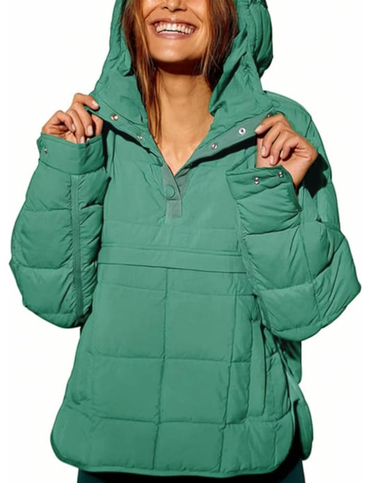 AICHARMWA Women's Pullover Puffer Jacket Hooded Oversized Lightweight Quilted Jacket Winter Warm Padded Coat(028-Green-XL)
