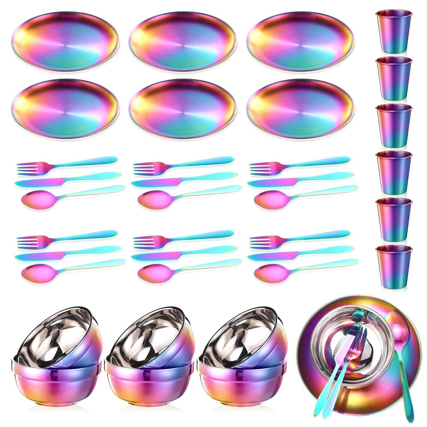 Honeydak 36 Pcs Stainless Steel Utensils Camping Tableware Kit Include Set of 6 Plate Bowl Cups Spoons Forks Knives Flatware Set for Backpacking Camping Hiking and Picnic(Rainbow Color)