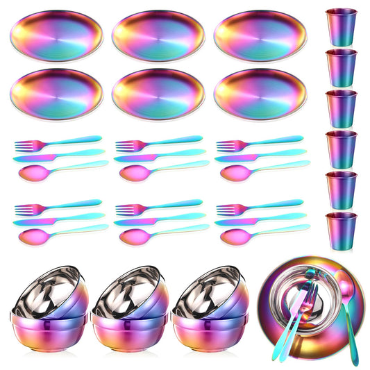 Honeydak 36 Pcs Stainless Steel Utensils Camping Tableware Kit Include Set of 6 Plate Bowl Cups Spoons Forks Knives Flatware Set for Backpacking Camping Hiking and Picnic(Rainbow Color)