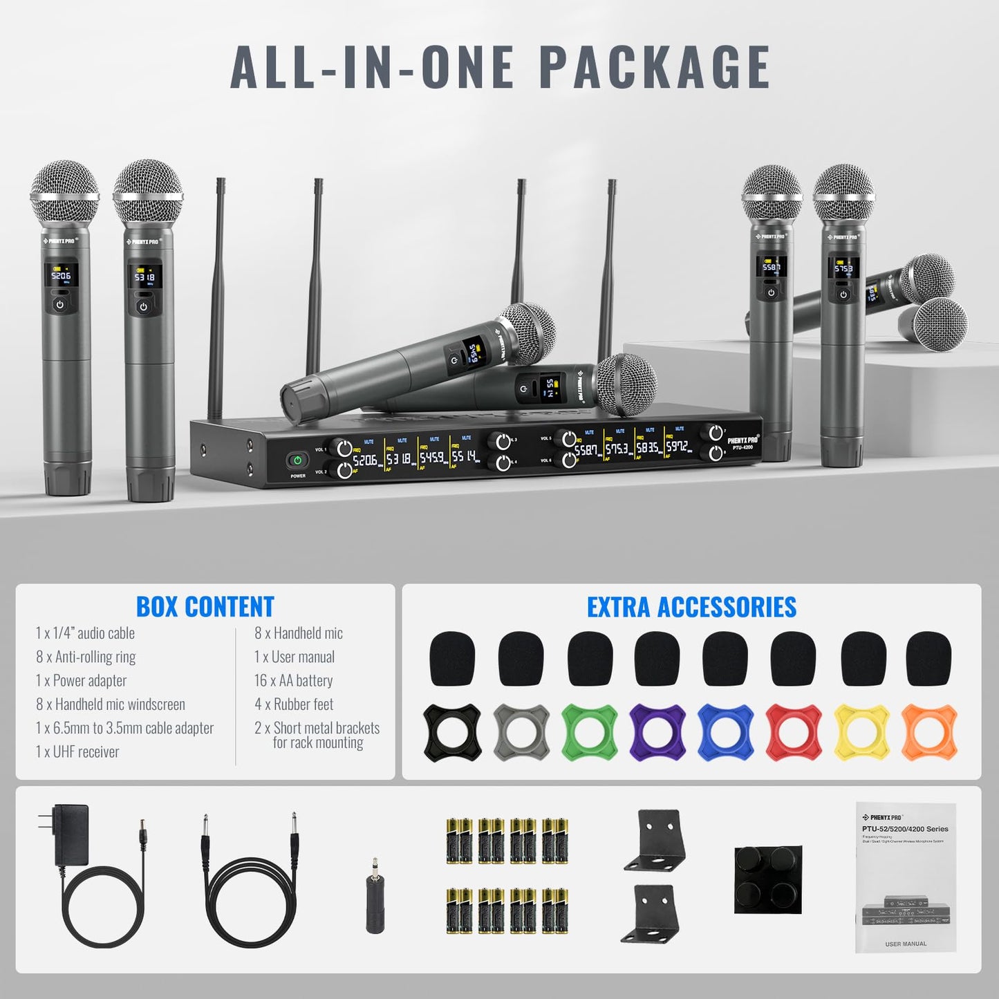 Phenyx Pro Wireless Microphone System, 8-Channel Metal Wireless Mic Set w/ 8 Cordless Mics, 8x20 UHF Frequencies, 200ft Range, Dynamic Microphones for Singing, Karaoke, Church, DJ (PTU-4200-8H)
