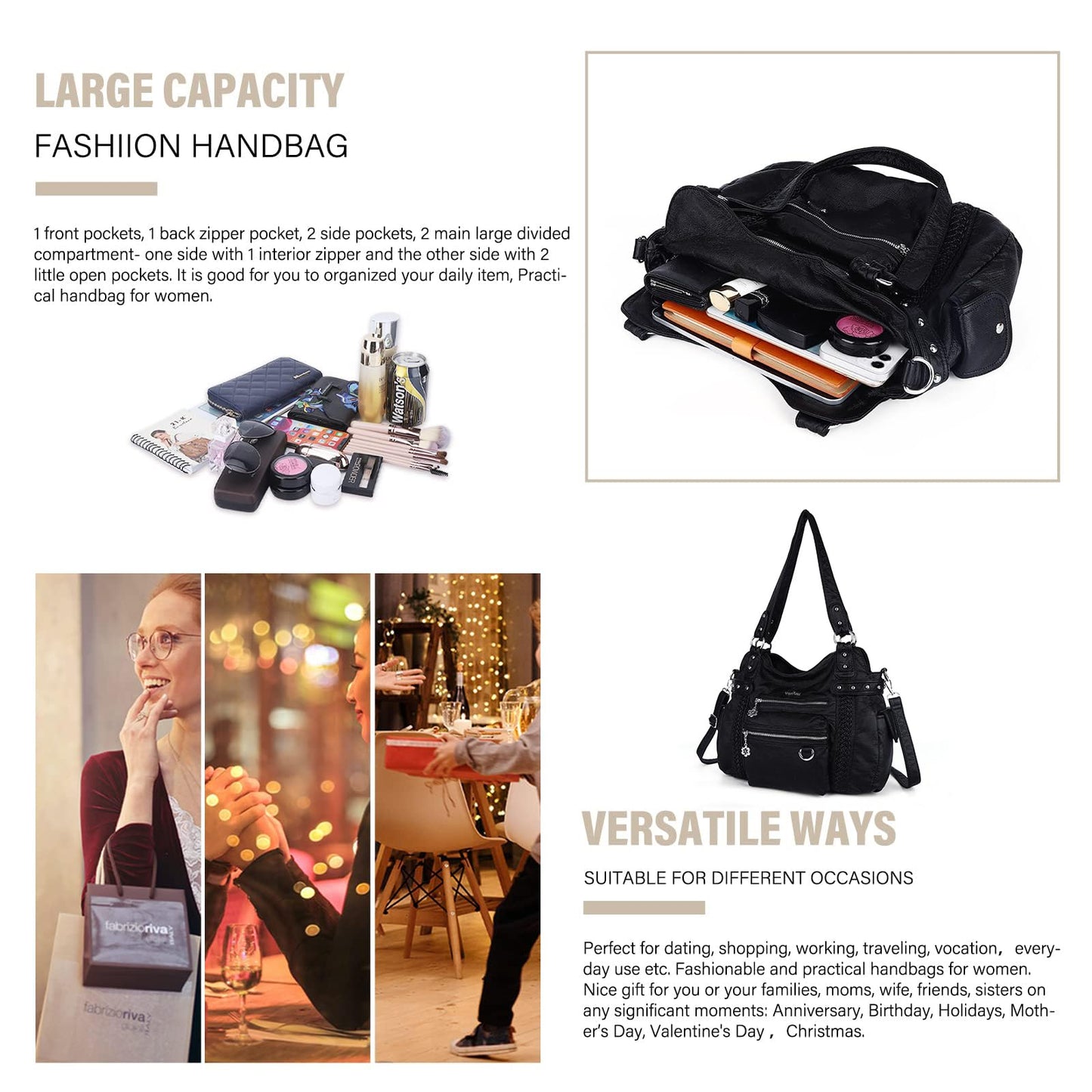 Angel Kiss Hobo Handbags for Women Soft PU Leather Shoulder Handbags Ladies Purses Black