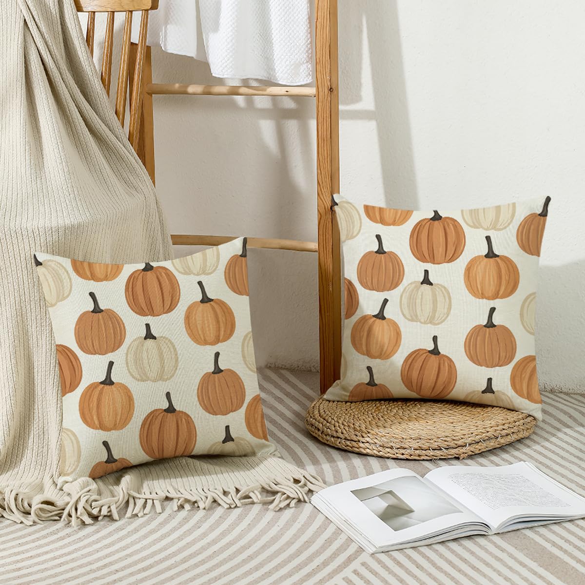 AMZDOTD Fall Pillow Covers 18x18 Inch Set of 2 Autumn Orange Pumpkins Throw Pillow Cover Decorative Pillow Case Couch Cushion Case for Chair Sofa Bedroom Living Room Fall Home Decor