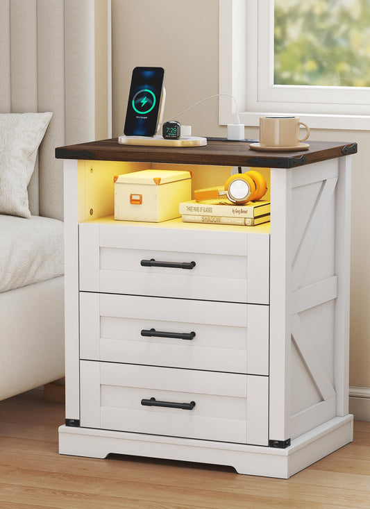 Night Stand with Charging Station 22" Large Farmhouse Nightstands with 3 Drawers and Open Storage Smart Bedside Table with Human Sensor LED Light End Tables for Bedroom Living Room White