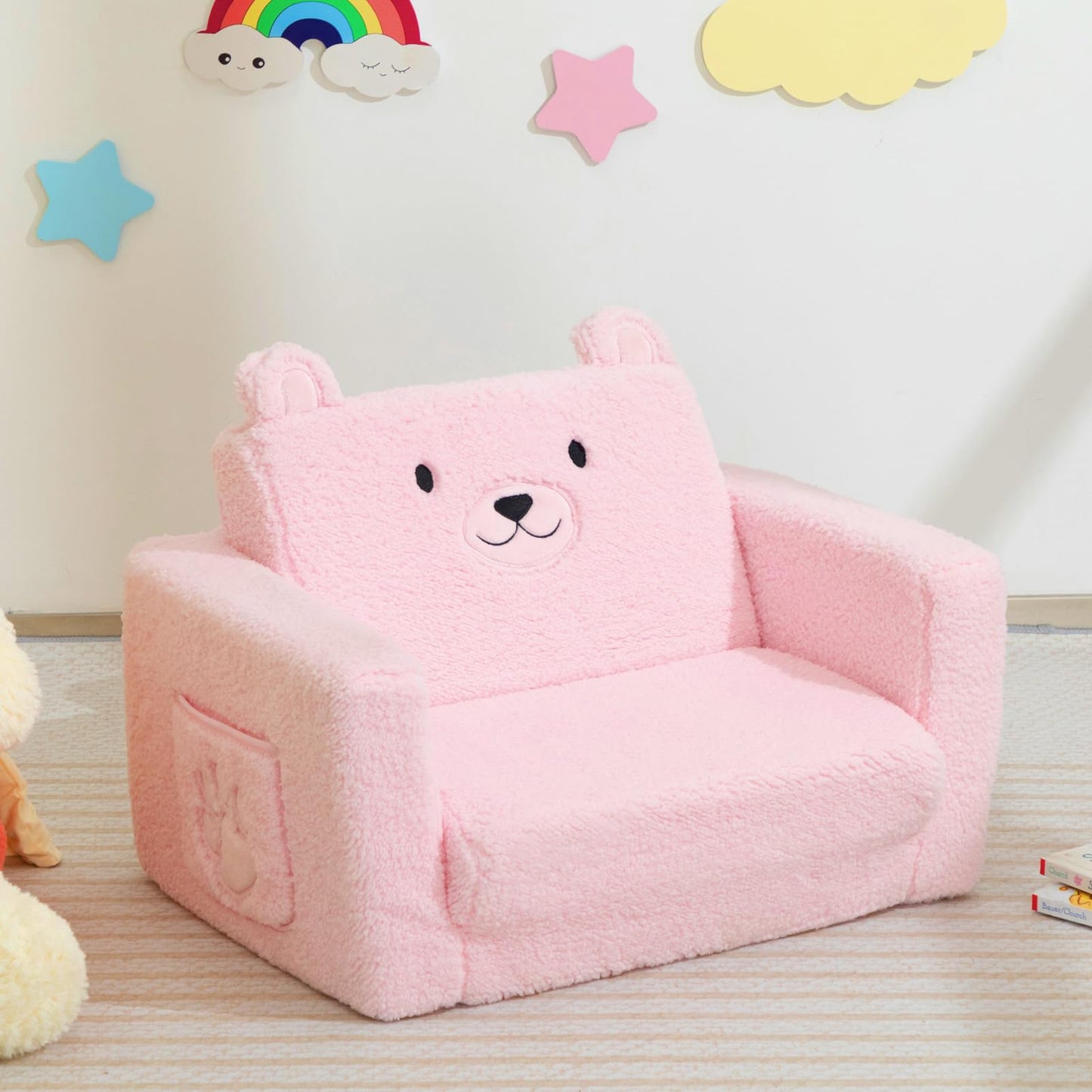 ALIMORDEN Fold Out Toddler Couch, Comfy 2-in-1 Cuddly Sherpa Bear Chair for Kids, Convertible Sofa to Lounger, Kids Cozy Corner Play Couch for Boys and Girls, Pink
