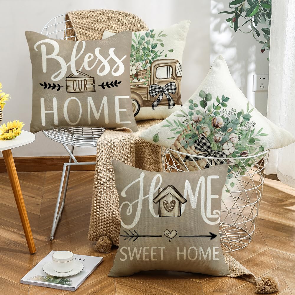 wyooxoo Throw Pillow Covers 18x18 Set of 4 Farmhouse Pillow Covers Home Sweet Home Cushion Cases for Sofa Couch Living Room Outdoor Home Decor