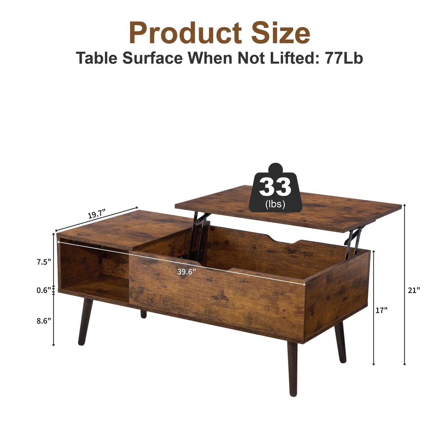 SANODESK 39" Wood Lift Top Coffee Table with Hidden Compartment and Storage Shelf for Living Room, Reception Room, Brown