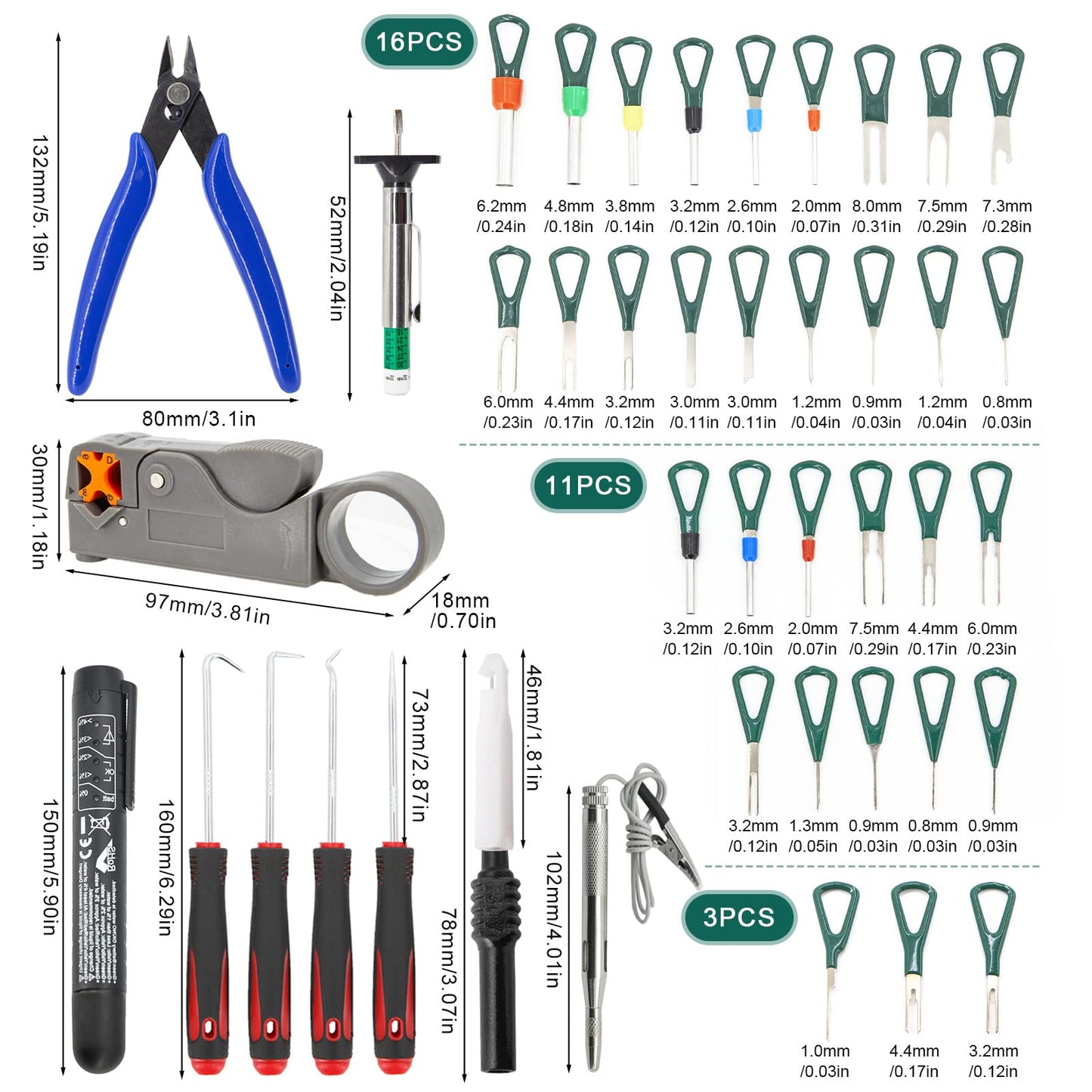 115Pcs Auto Terminal Removal Tool Kit, Wire Connector Release Extractor Pin, Electrical Cutter Pliers Stripper, Pick Hook Set, Brake Fluid Tester, Car Light Circuit Tester, with Cable Ties