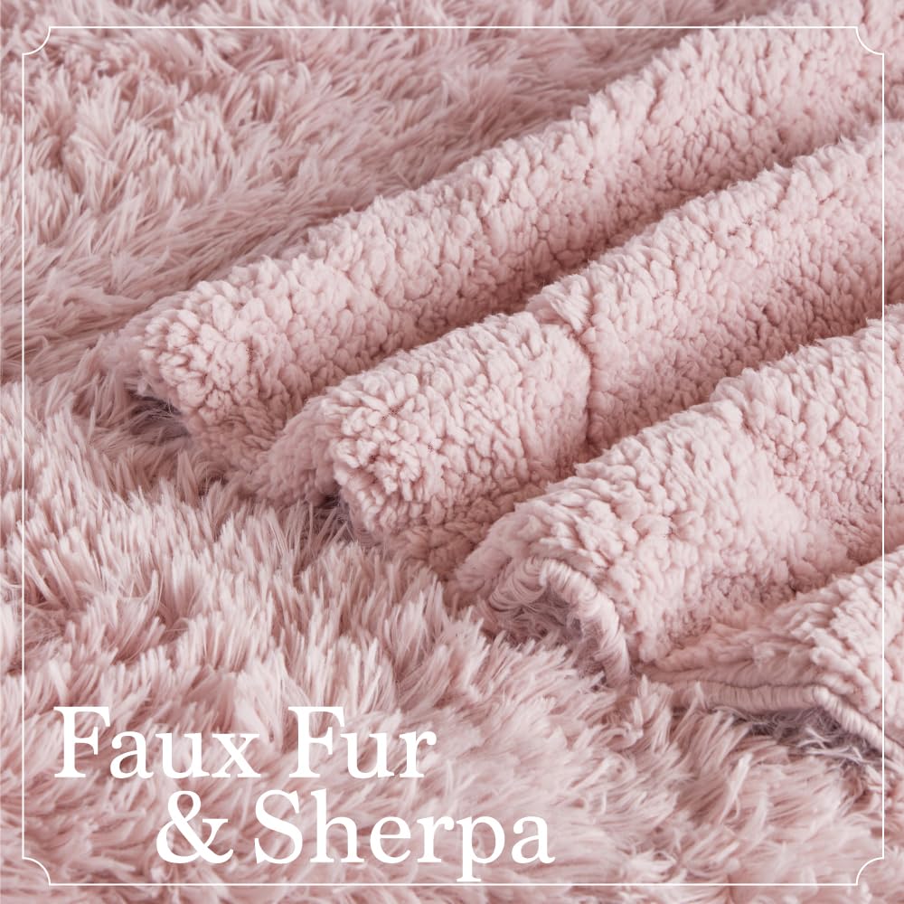 The Connecticut Home Co Throw Blanket Soft Fluffy Room Decor, Cozy Warm Throws for Bed, Couch, Gifts for Women, Bedroom Cute Aesthetic Blankets Shag and Sherpa, 65x50, Dusty Rose