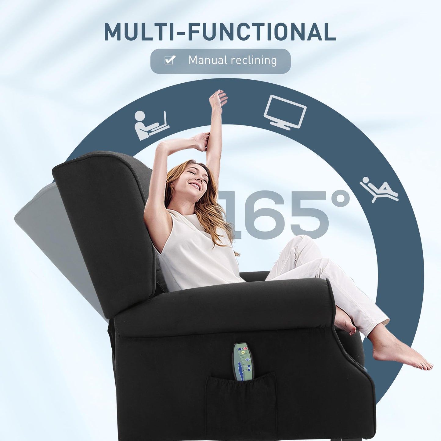 HOMCOM Vibration Massage Recliner Chair for Living Room with Heat, Wingback Single Sofa, Modern Suede Fabric Push Back Reclining Chair with Footrest, Side Pocket, Black