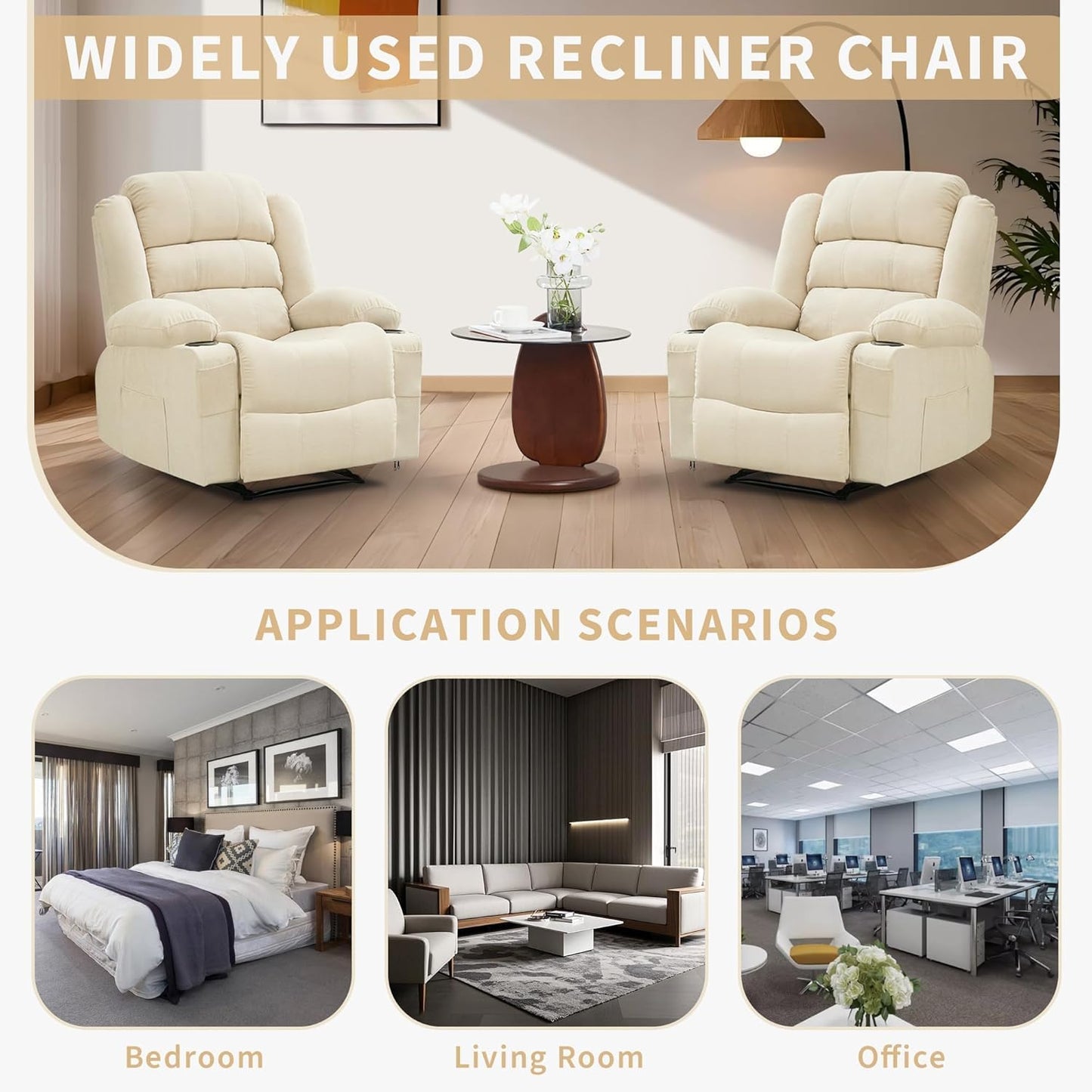 Massage Rocker Recliner Chair, Ergonomic Rocking Lounge Chair with Heat and Vibration for Living Room, Reclining Sofa with 2 Side Pocket, 2 Cup Holders（White）