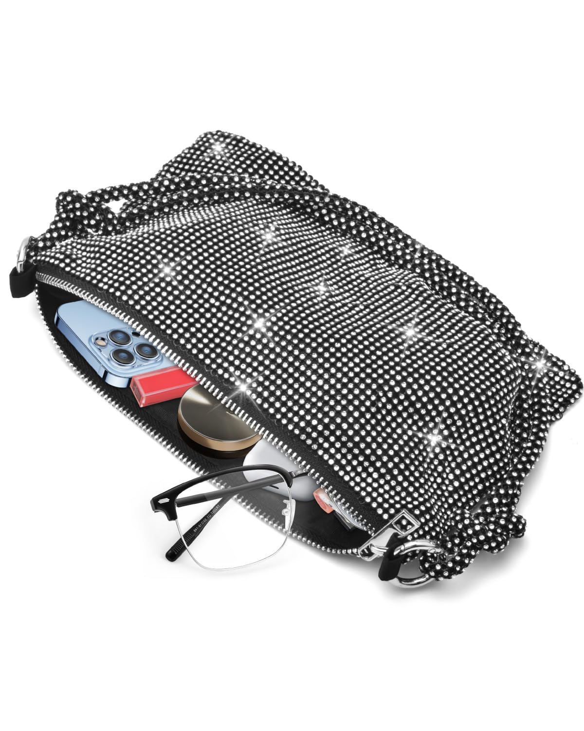 TINDTOP Women's Evening Bag, Rhinestone Clutch Purse Women Sparkly Mini Handbags, Cross Body Hobo Bag for Cocktail Party (Black)