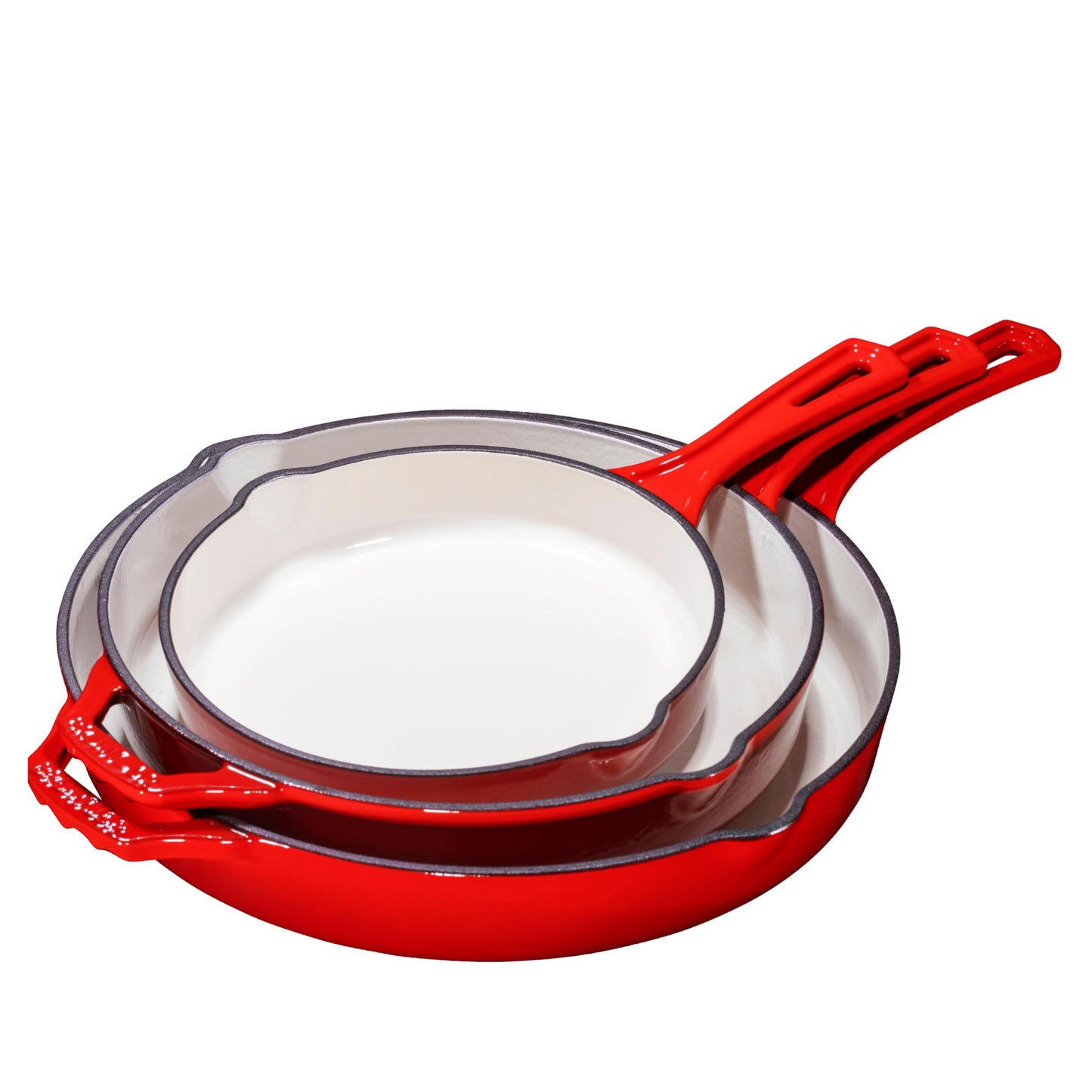 Bruntmor Enameled Cast Iron Skillet Set of 3-8, 10, and 12-Inch Non Stick Frying Pans with Tempered Glass Lids - Versatile Cast Iron Cookware Set for Casserole - Grill Pan for All Stovetops - Red