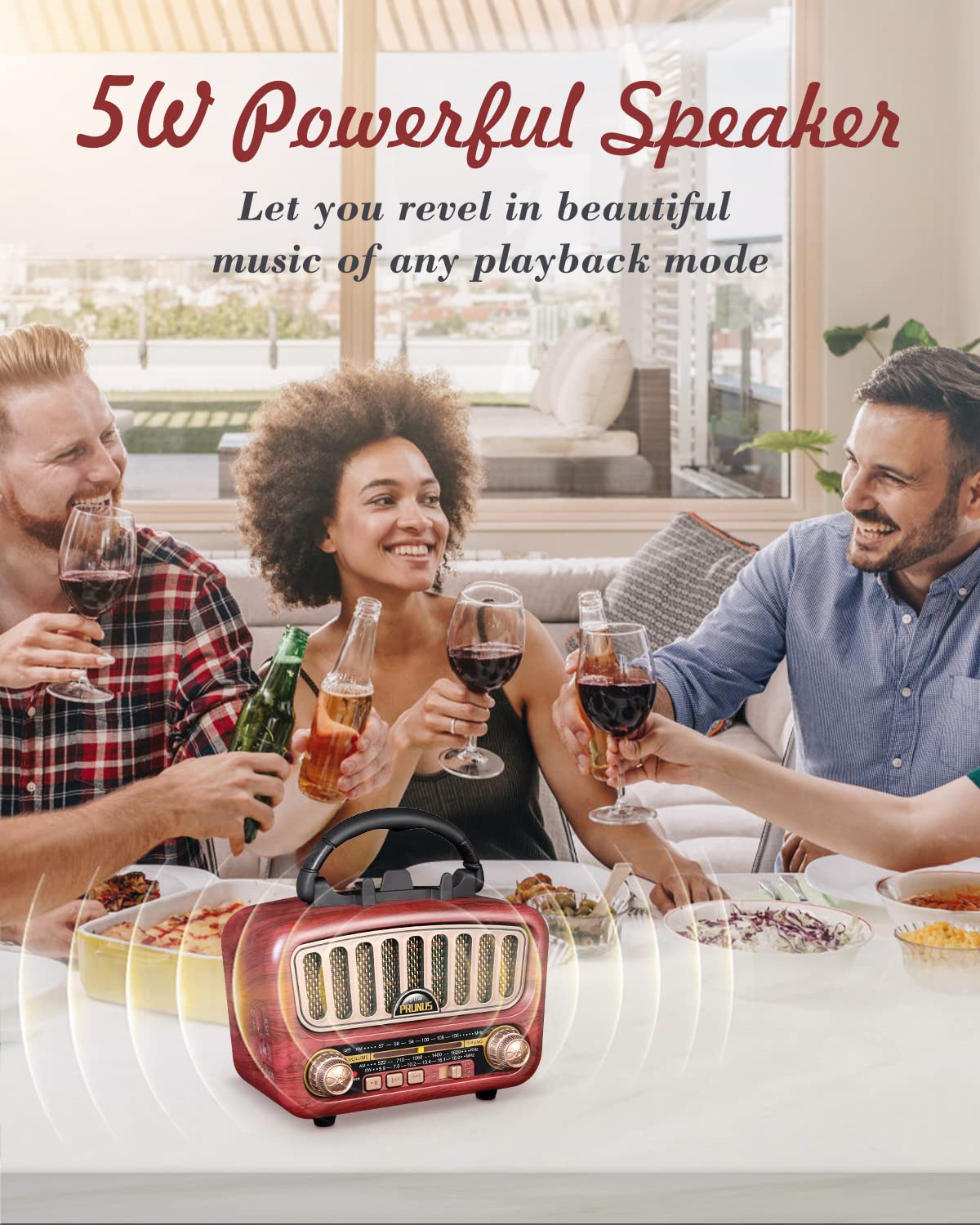 PRUNUS J-180 Vintage Retro Radio Bluetooth Speaker with Stereo Sound, AM FM Radio Portable with Loud Volume, BT5.0, TF Card & MP3 Player, Rechargeable Speaker