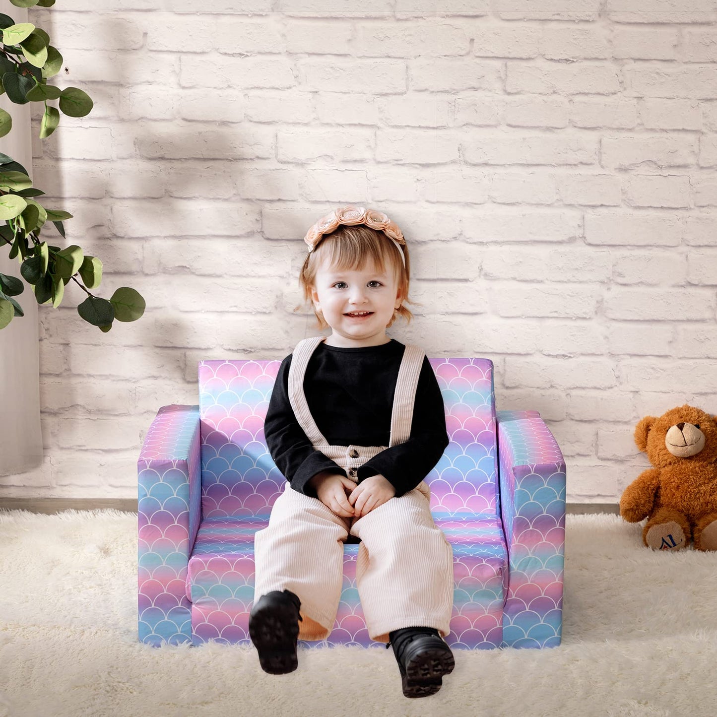 ALIMORDEN 2-in-1 Flip Out Comfy Toddler Couch, Lovely Kids Chair Convertible Sofa to Lounger for Story/Nap Time, Mermaid Scale
