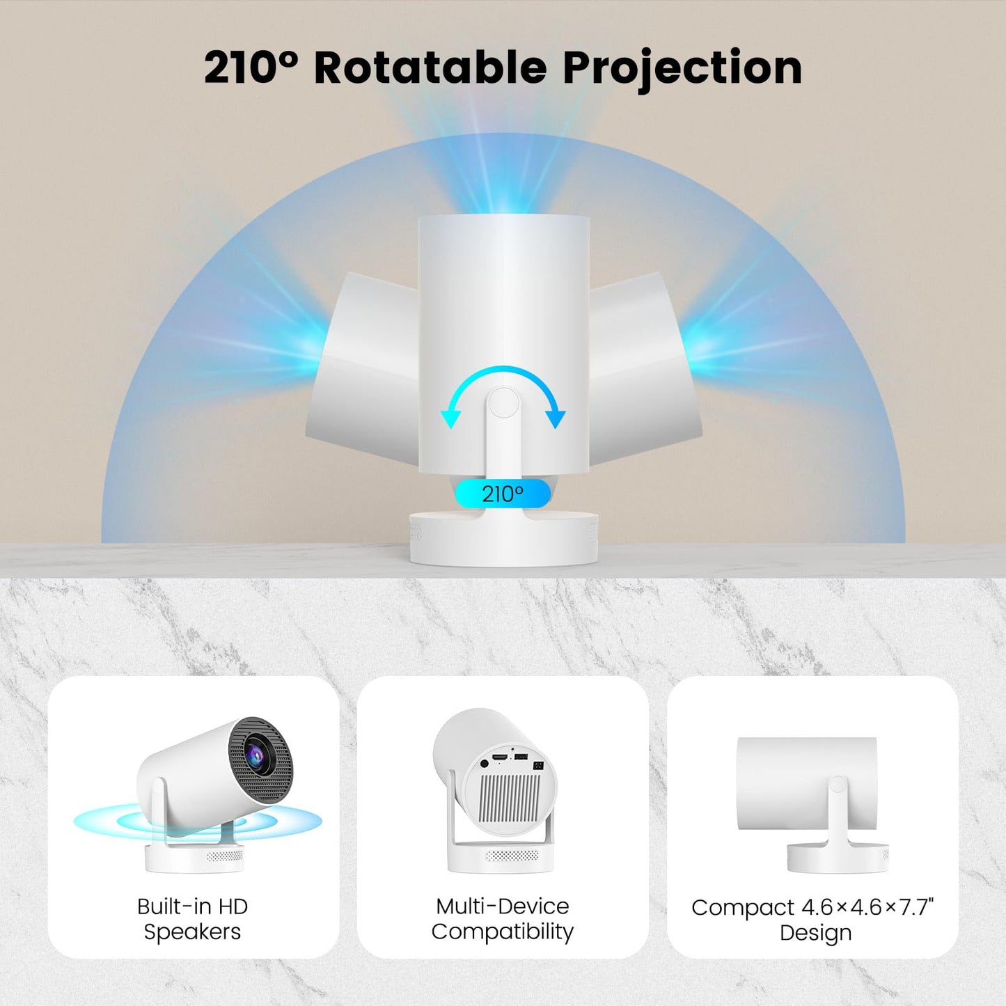 【Electric Focus】Mini Portable Projector with 4K Support, Bluetooth 5.4 WIFI6, 5watt Sound Base Speaker, 260 ANSI, Android 11, 210° Rotation , Auto Keystone Correction Video Projector HY300 Ultra