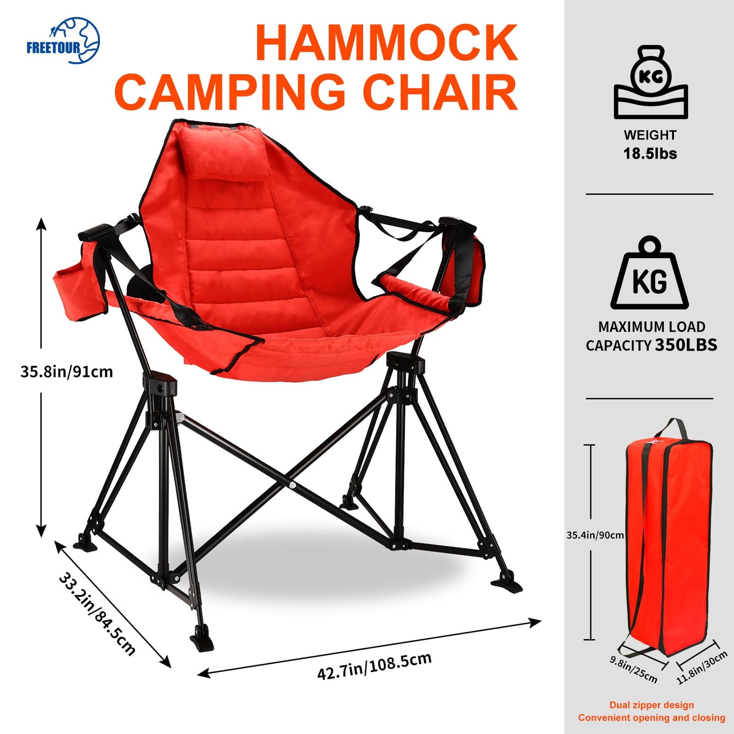 FREETOUR Hammock Camping Chair Folding 350lbs Foldable Portable Rocking Chairs for Adults Outside Swinging Camp with Stand Lawn Garden Hanging Outdoor (Crimson)