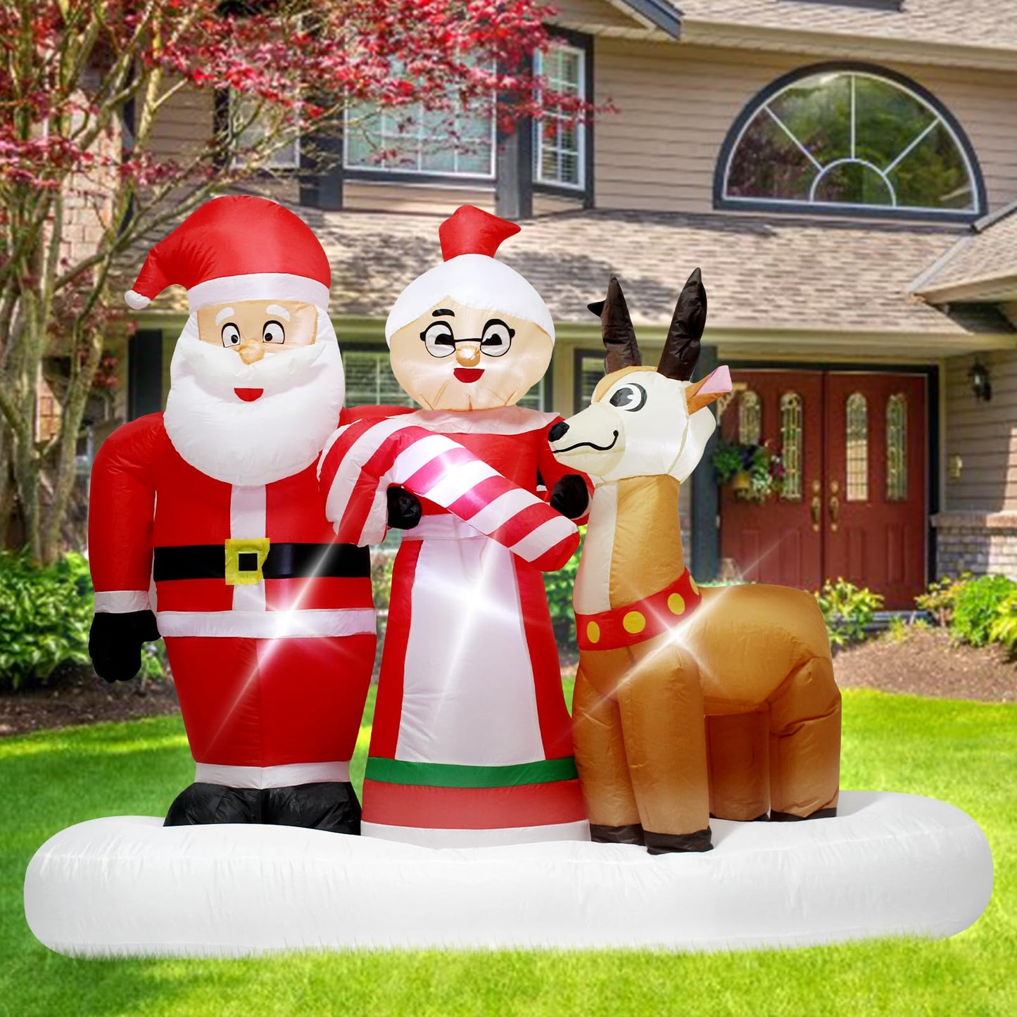 7 Foot Inflatable Christmas Santa Claus and Mrs Claus with Cute Reindeer Outdoor Holiday Decoration Featuring Bright LED Lights Perfect for Lawn Garden Party Christmas Display