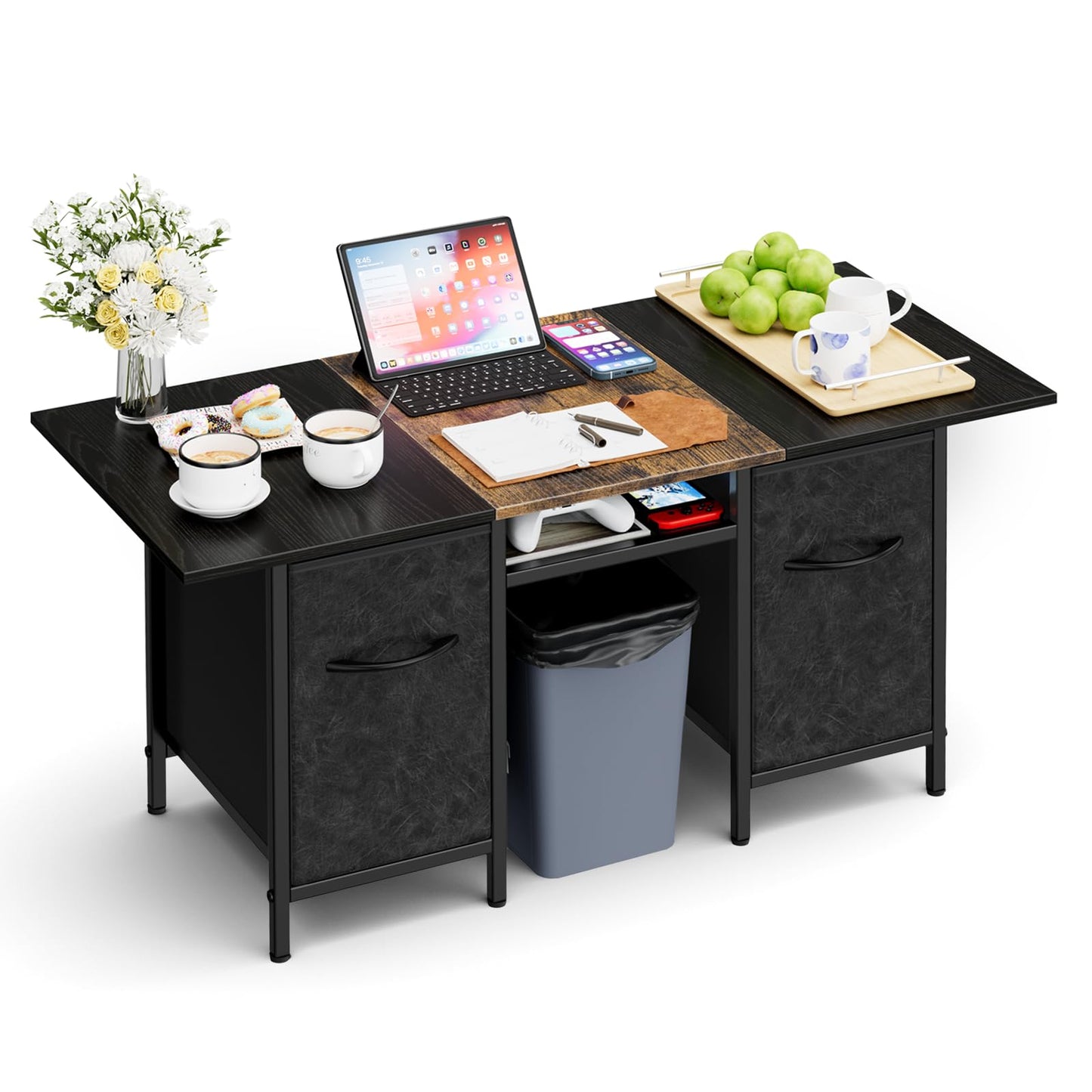 Small Coffee Tables for Living Room 35'' Rectangle Coffee Table with 2 Fabric Storage Drawers and Metal Shelf, Wood Center Table for Small Spaces, Home Office, Black & Rustic Brown