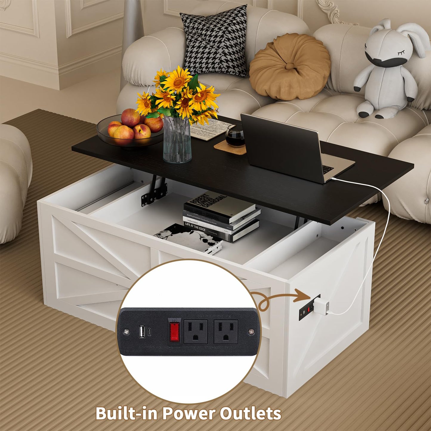 HPWLYQ 48" Lift Top Coffee Table with Storage & Power Outlets, Farmhouse Coffee Table with Sliding Barn Doors, Wood Square Center Table for Living Room Office Black