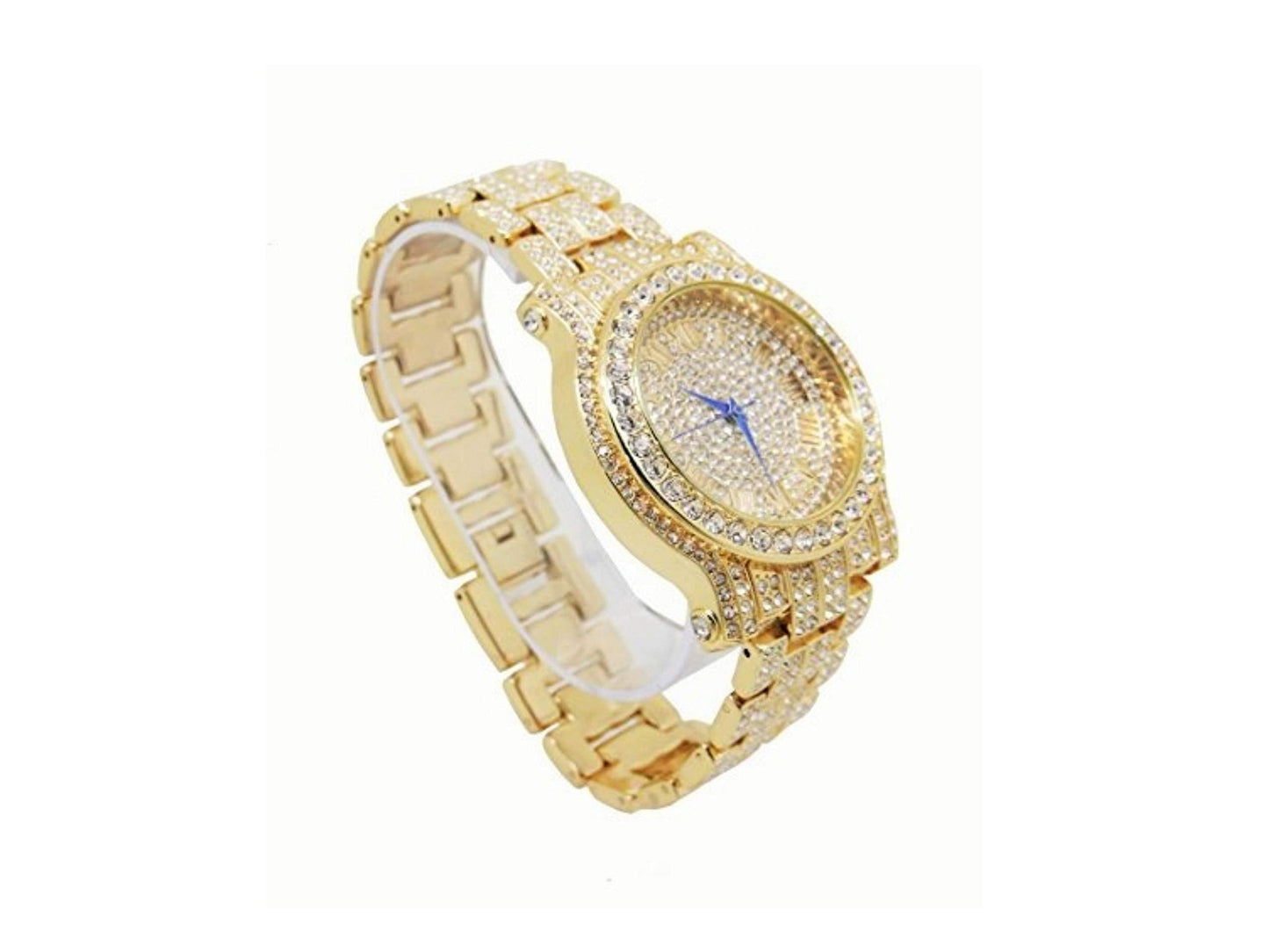 Charles Raymond Bling-ed Out Silver Round Luxury Mens Watch w/Bling-ed Out Cuban Bracelet - L0504B - Cuban (Gold)