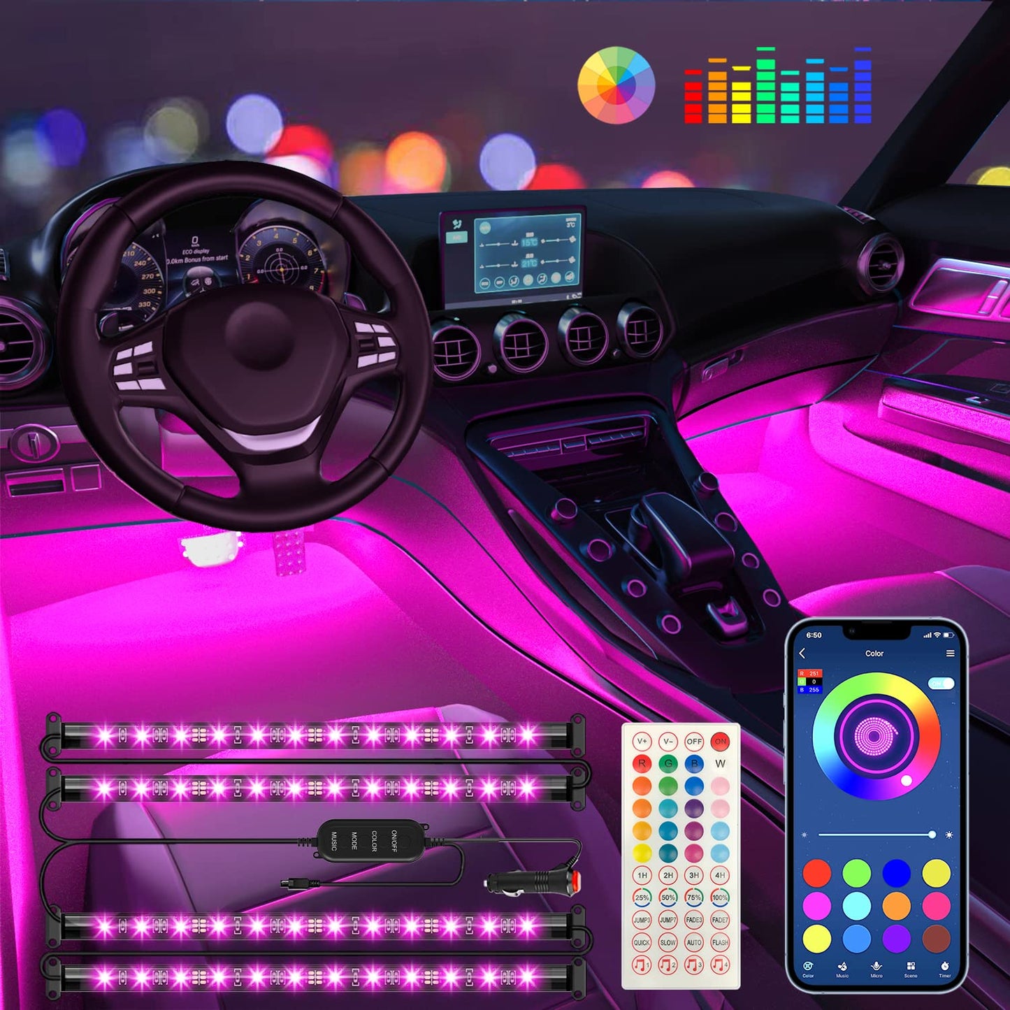 Interior Car Lights Keepsmile Car Accessories APP Control with Remote Music Sync Color Change RGB Under Dash Lighting with Charger 12V LED Lights Running Board Lights