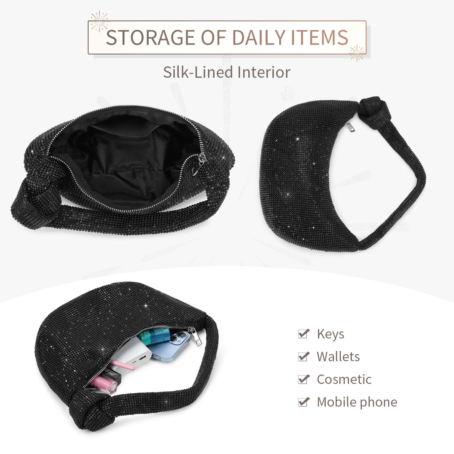 UBORSE Black Rhinestone Purse for Women Formal Evening Bag Clutch Wedding Black Purse Sparkly Prom Cocktail Party Handbag