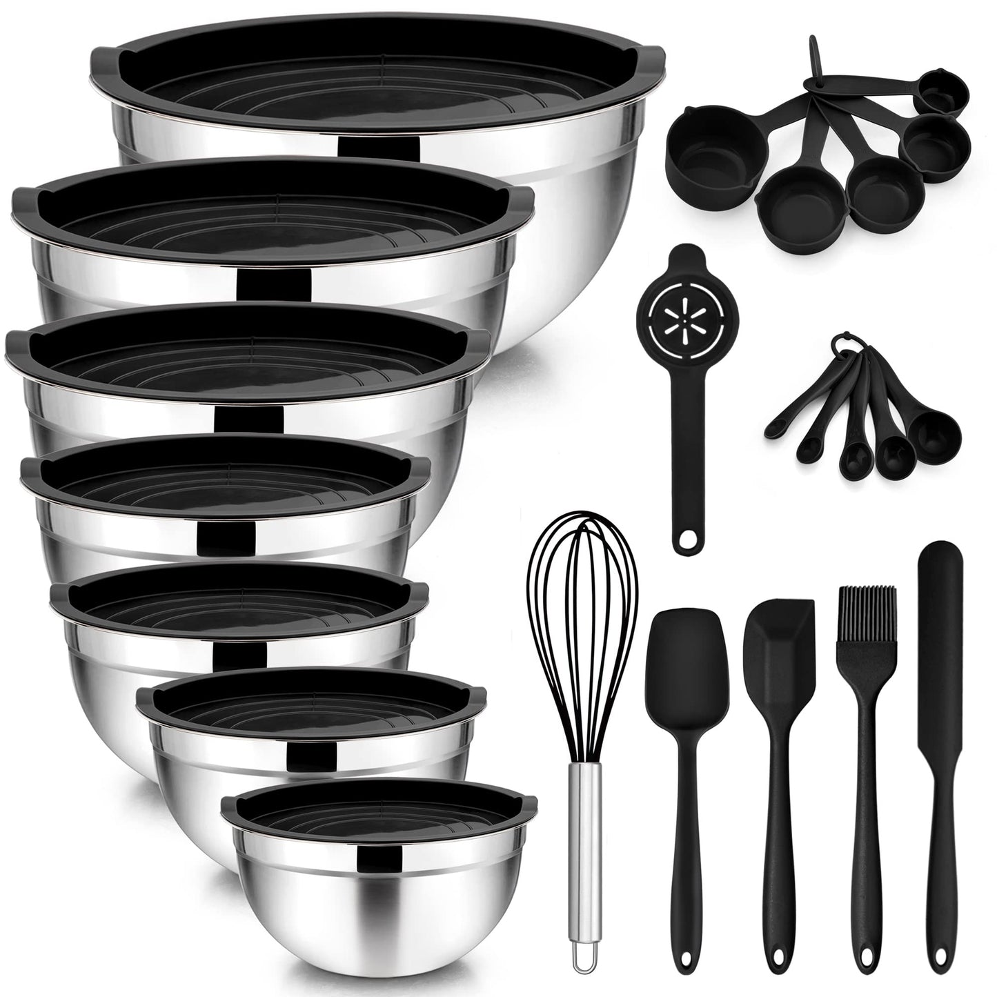 TeamFar Mixing Bowls with Lids Set of 7, Stainless Steel Nesting Salad Mixing Bowls with 16 PCS Cooking Utensils Set, 7, 4.5, 3, 2.5, 1.5, 1.2, 0.7 QT, Fit for Mixing/Prepping, Black