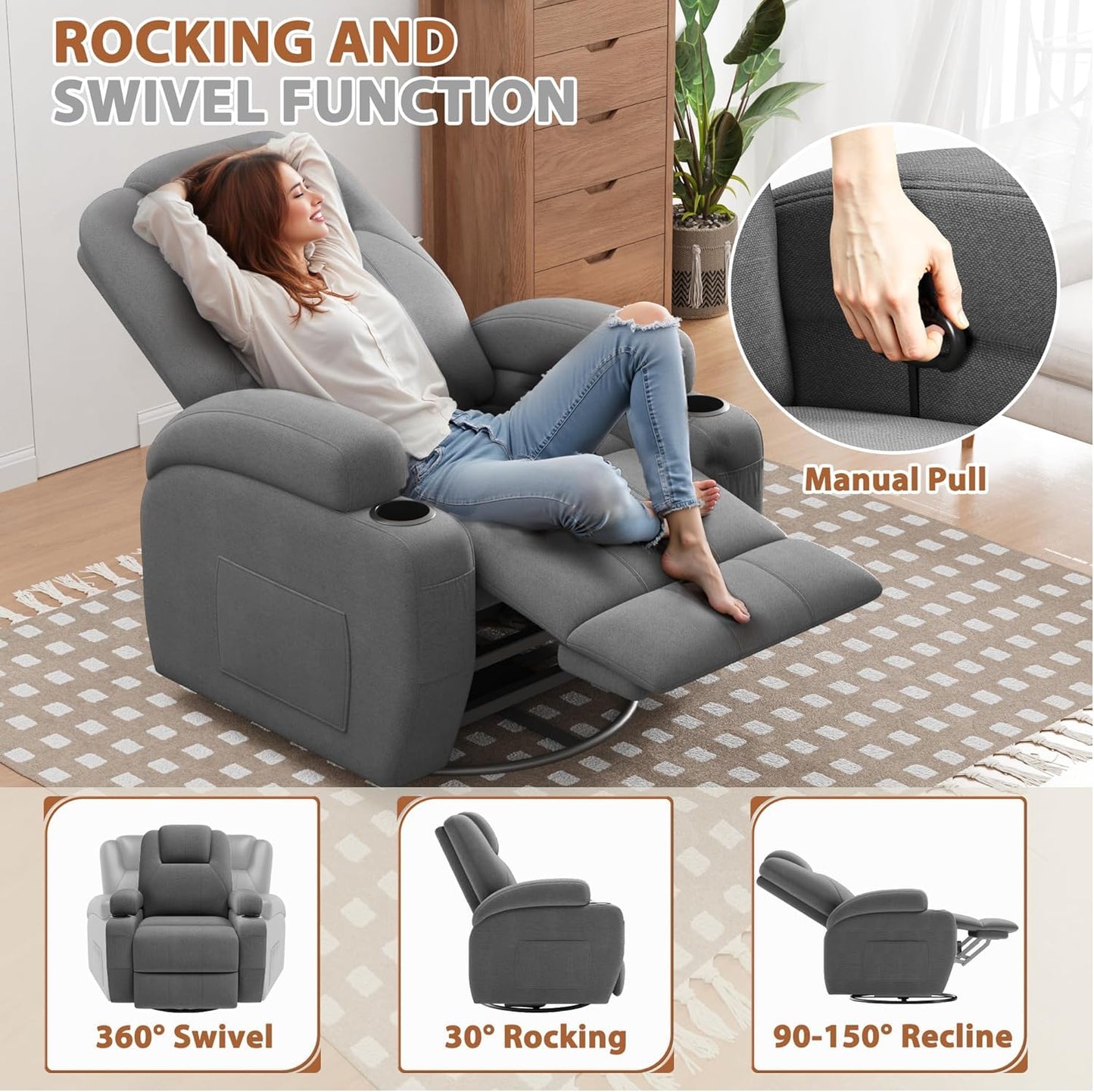 Flamaker Swivel Rocker Recliner Chair with Vibration Massage, 360° Swivel Recliner Chairs for Adults Ergonomic Lounge Chair with Cup Holders Lazy Boy Recliner Single Sofa Seat (Fabric, Gray)