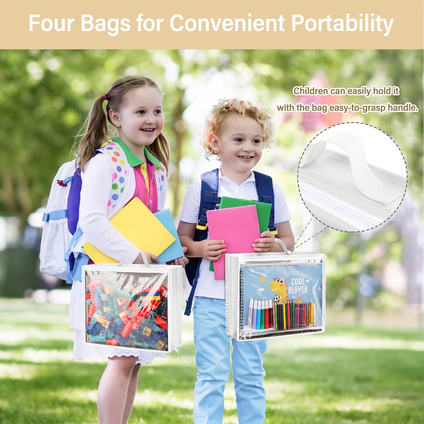 Woodoulogy Hanging Toy Storage over Door, Block Stuffed Animal Organizer Idea with 4 Removable Case Bag, Bi-Fold Closet Holder with Mesh Pocket for Kid Boy Girl