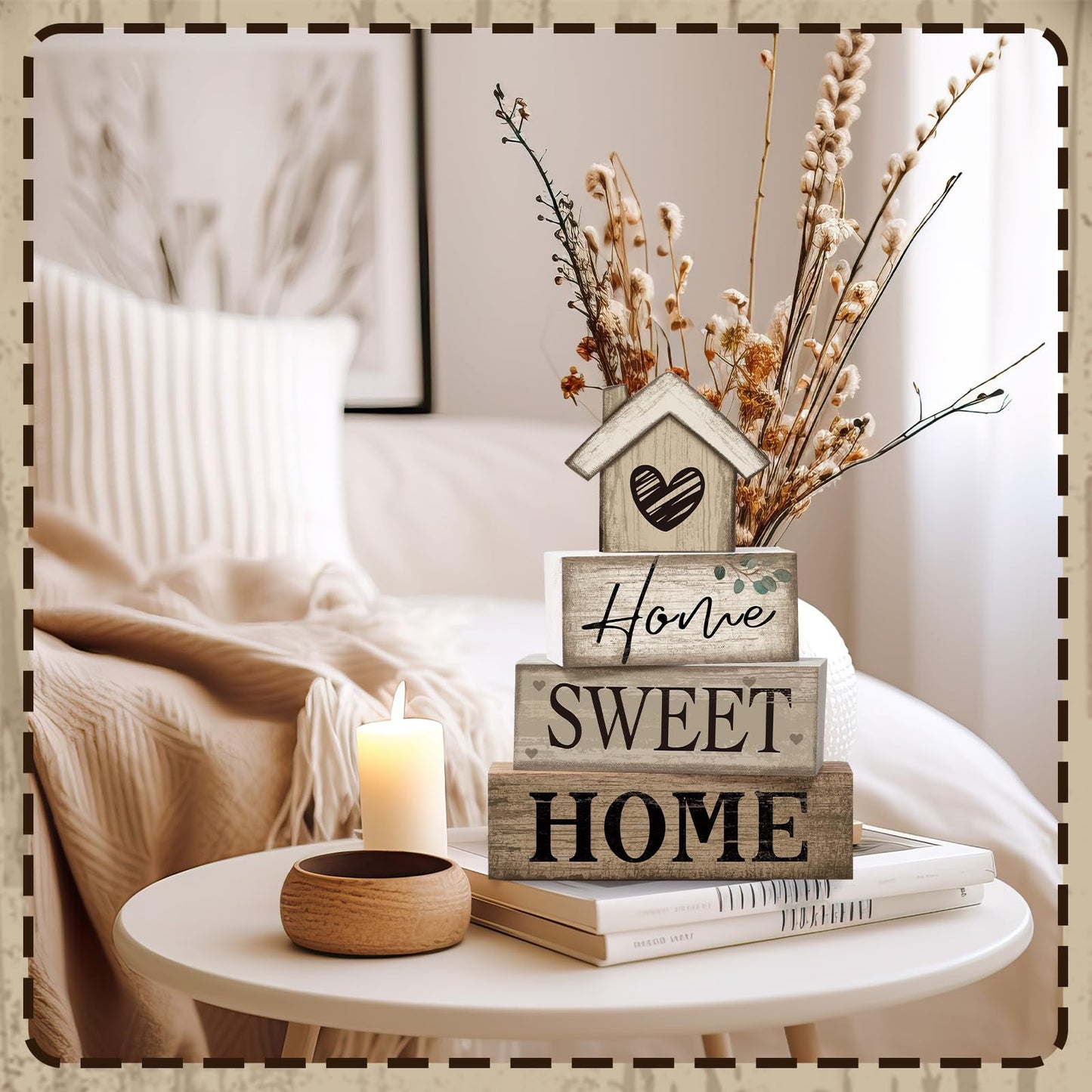 Moucuny 4 Pcs Wooden Farmhouse Tabletop Decor Rustic Home Tiered Tray Decor Decorative Highland Cow Home Eucalyptus Block Signs Gift Farmhouse Table Decoration for Kitchen Shelf(House)