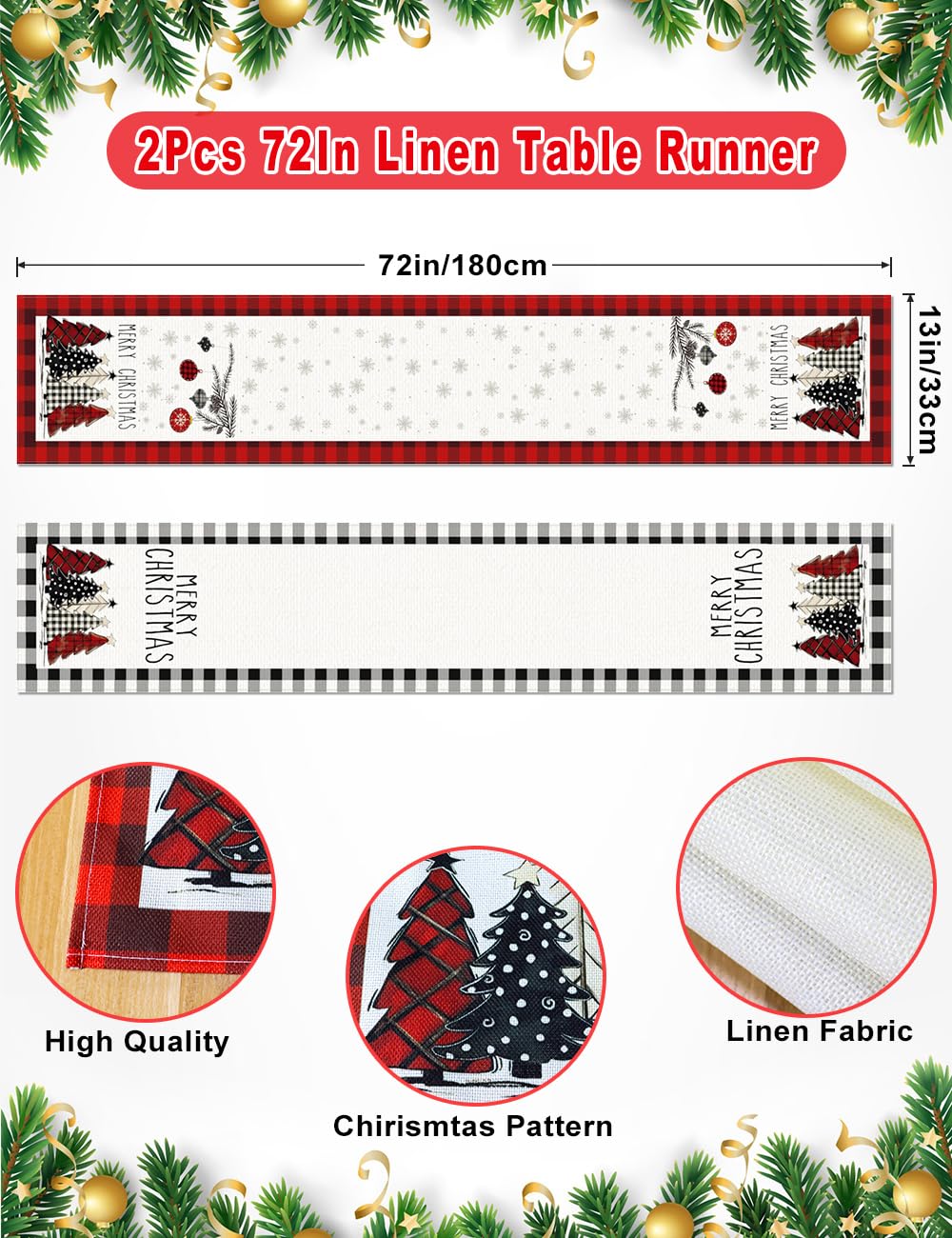 TOYPOPOR Set of 2 Christmas Table Runner, TOYPOPOR 2Pcs Buffalo Linen Christmas Trees Dining Table Runner for Xmas Holiday Seasonal Winter Decoration Indoor Outdoor Party Wedding - 72Inches