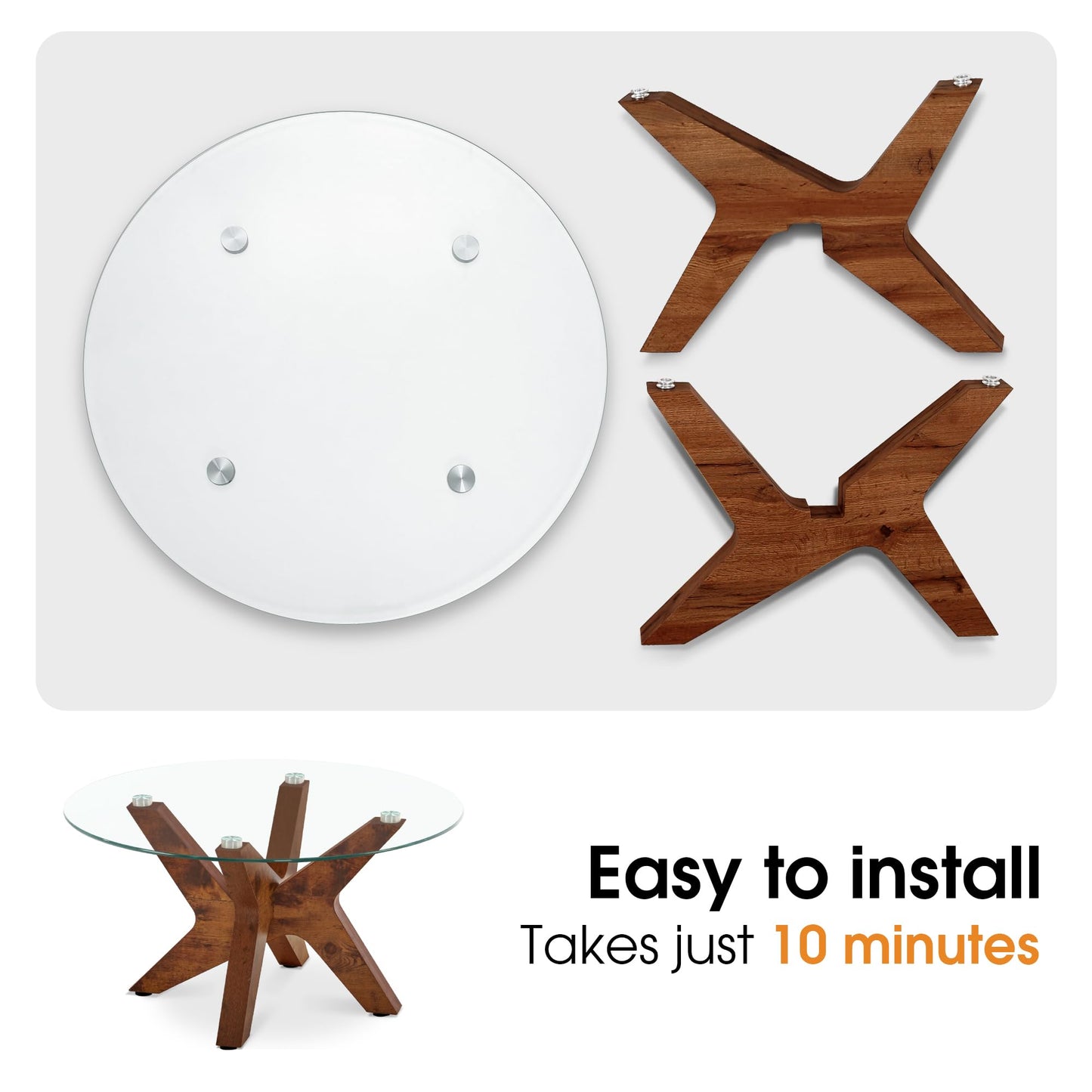 ivinta Round Glass Coffee Table, 31.5" Modern Center Table with Tempered Glass and MDF Legs for Living Room, Office, Tree (Rustic Brown)