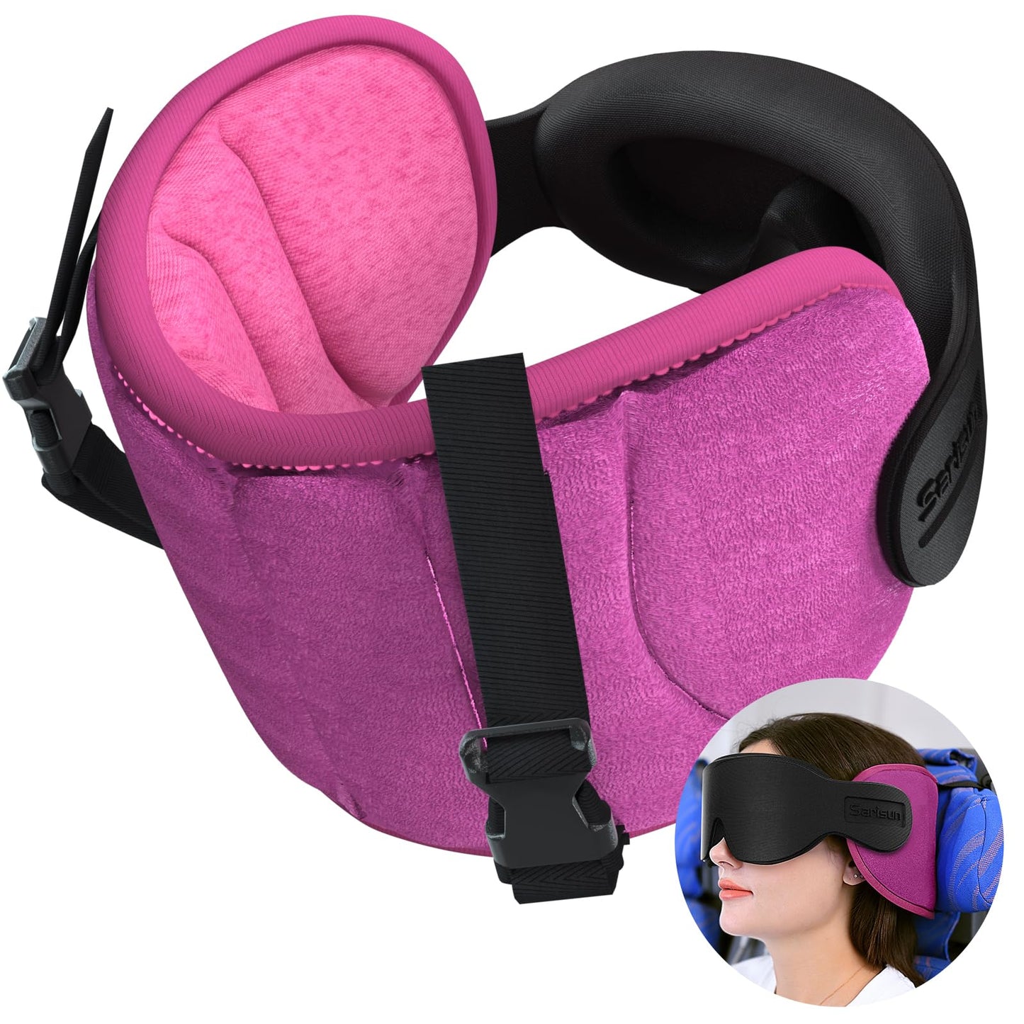 Travel Pillows for Airplanes, Airplane Pillow for Long Flight, Airplane Head Strap with Eye Mask for Sleep, Travel Neck Pillow for Car Road Trip, 360° Support Headrest, Stop Bobblehead, Black