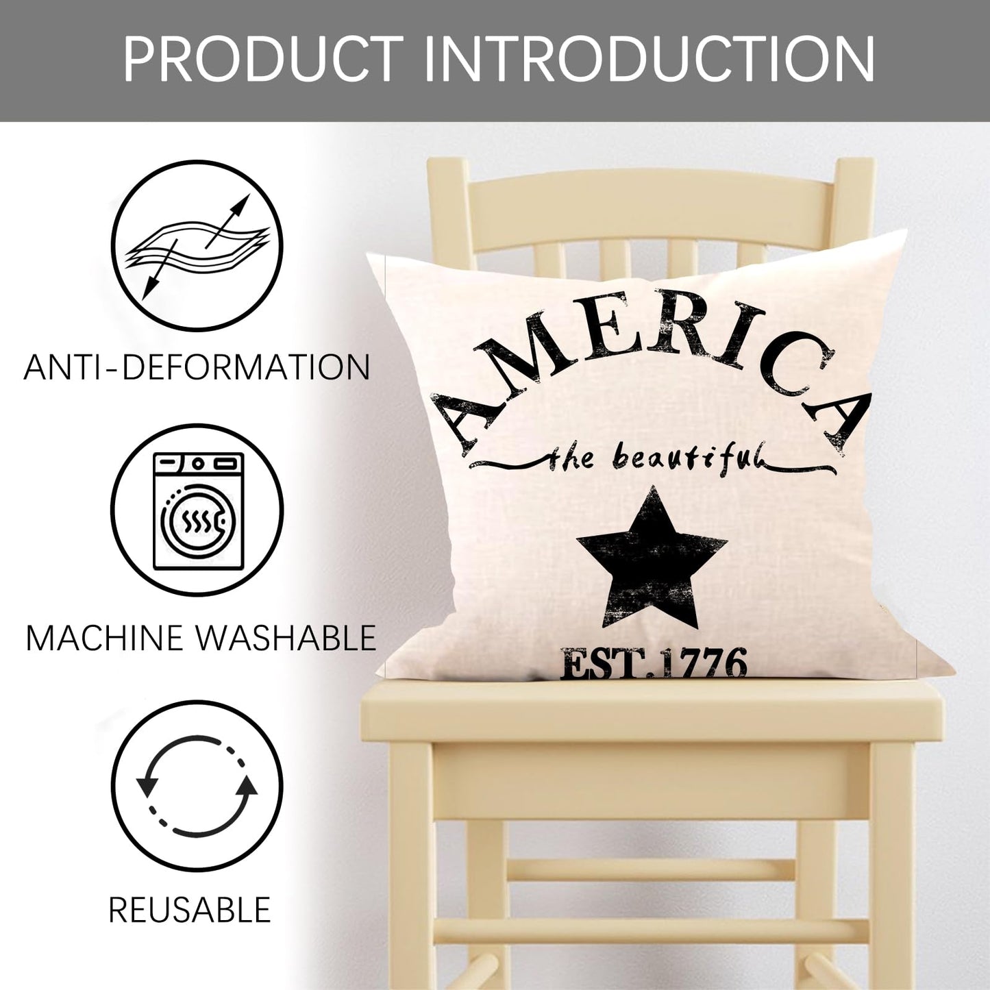 Fjfz July 4th Farmhouse Decorative Throw Pillow Cover America Est. 1776 Patriotic Sign Decoration Rustic Home Decor Cotton Linen Cushion Case for Sofa Couch, 18" x 18"