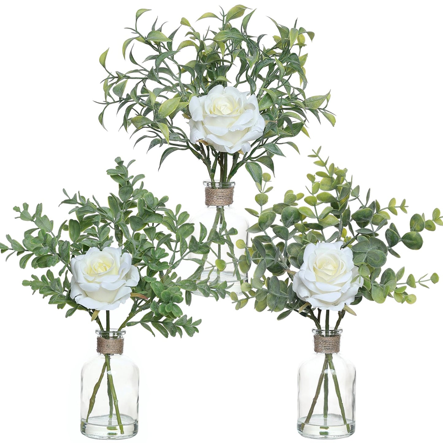 3 Pack Mini Fake Plants and Artificial Flowers with Faux Water in Vase,Silk Roses and Eucalyptus with Fake Water in Glass Vase for Centerpiece Table Decorations Kitchens Office Home decor (White)