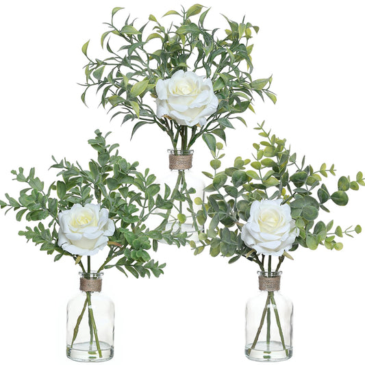 3 Pack Mini Fake Plants and Artificial Flowers with Faux Water in Vase,Silk Roses and Eucalyptus with Fake Water in Glass Vase for Centerpiece Table Decorations Kitchens Office Home decor (White)