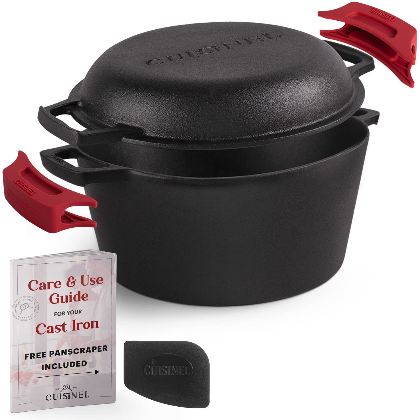 Cuisinel Cast Iron Dutch Oven - 5-Quart Deep Pot - Preseasoned 2-in-1 Multi-Cooker - Combo Lid Doubles as 10"-inch Skillet Frying Pan + Silicone Handle Covers + Scraper - Indoor/Outdoor Bread Cookware