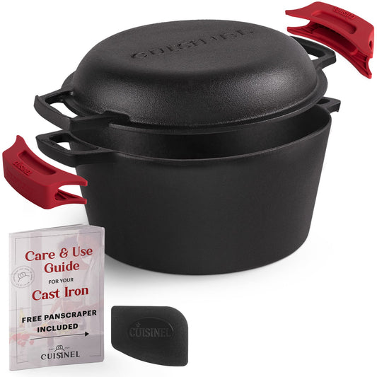 Cuisinel Cast Iron Dutch Oven - 5-Quart Deep Pot - Preseasoned 2-in-1 Multi-Cooker - Combo Lid Doubles as 10"-inch Skillet Frying Pan + Silicone Handle Covers + Scraper - Indoor/Outdoor Bread Cookware
