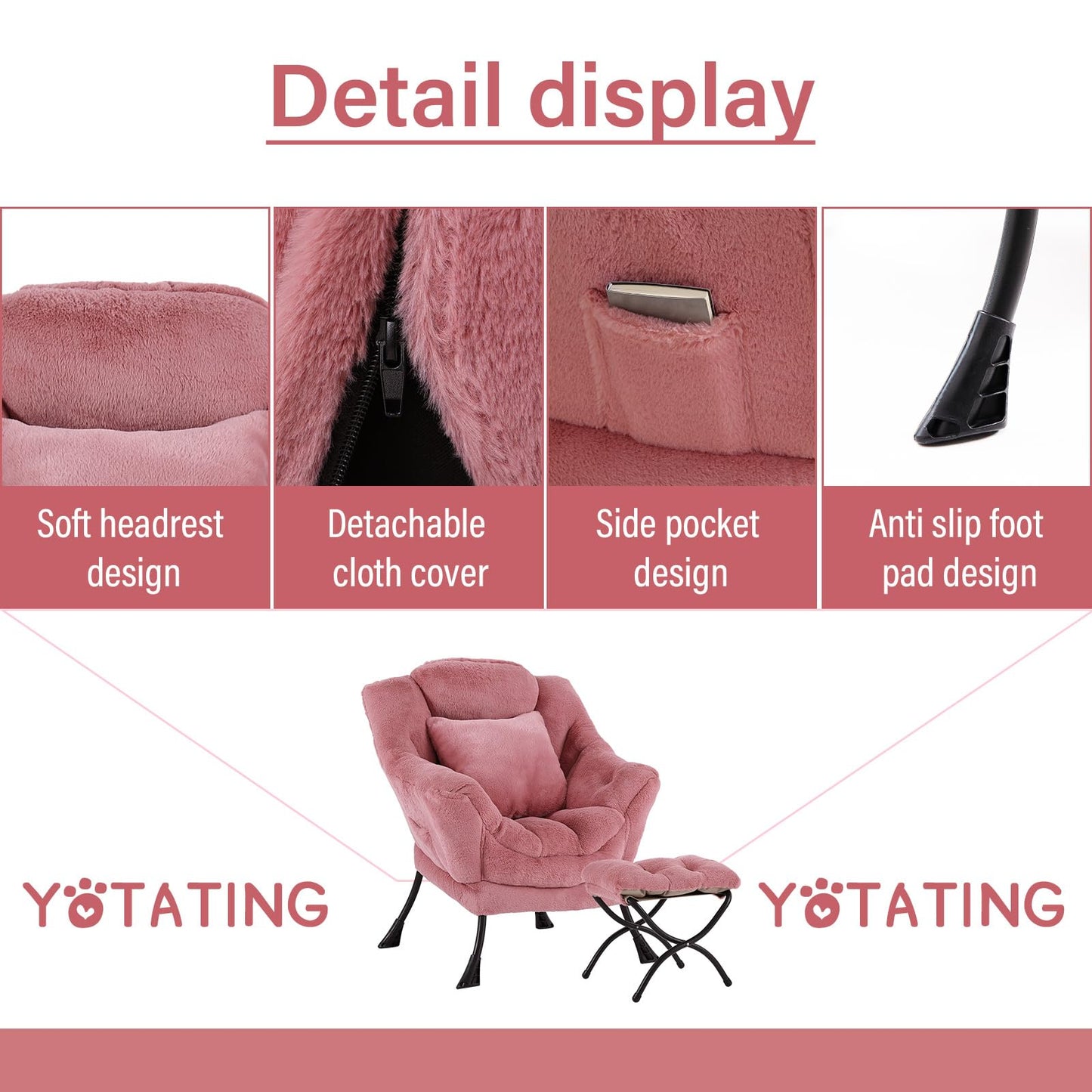 YOTATING Lazy Chair with Ottoman, Comfy Reading Lounge Chair with Footstool & Throw Pillow Modern with Armrests & Side Pocket for Living Room, Bedroom, Dorm Room, Plush Dark Pink