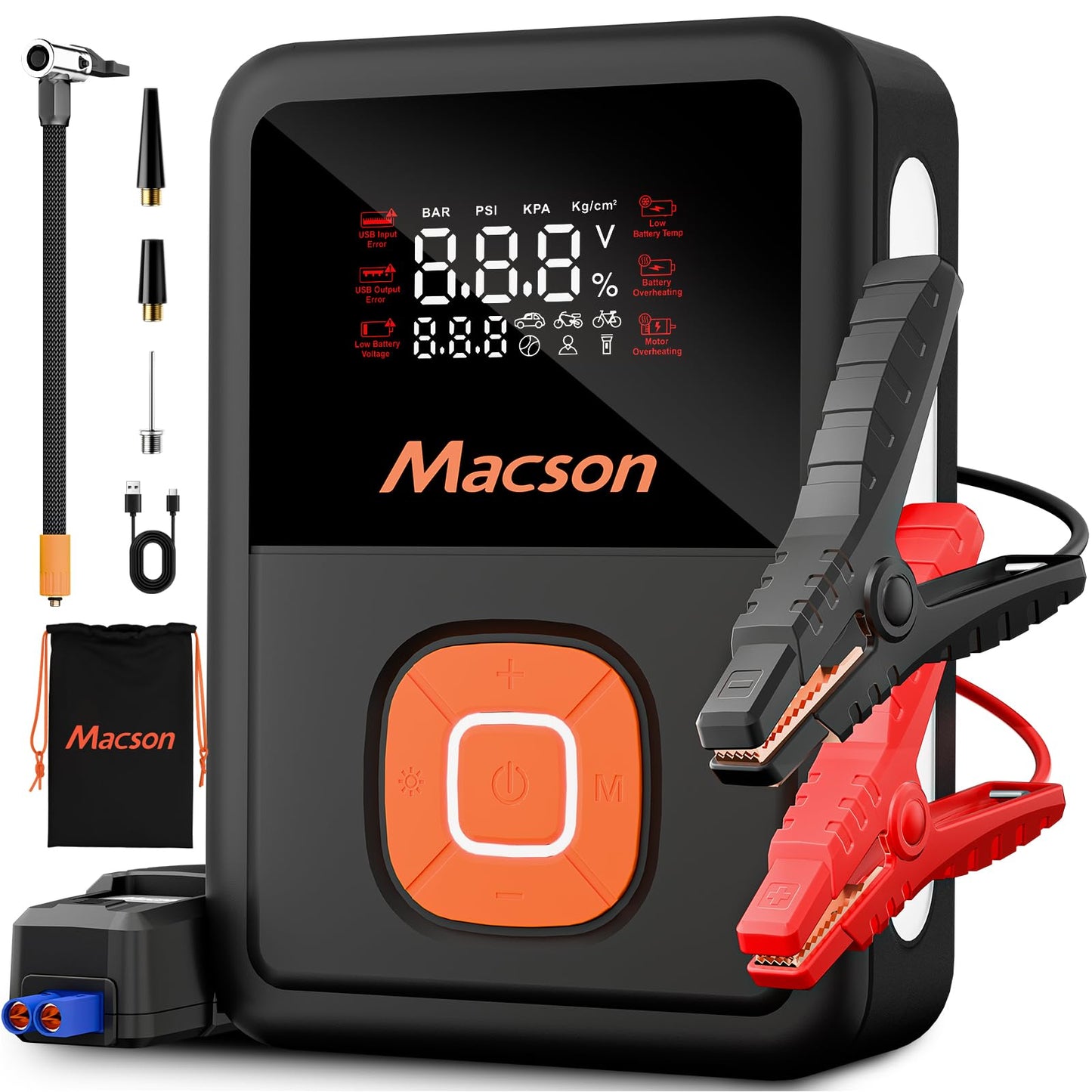 Jump Starter with Air Compressor, 1500A Portable Car Battery Charger for 6L Gas/4L Diesel, 150PSI Tire Inflator 12V 8000mAh Jump Box with 5 Modes Flashlight and LED Display for Car Emergency Use