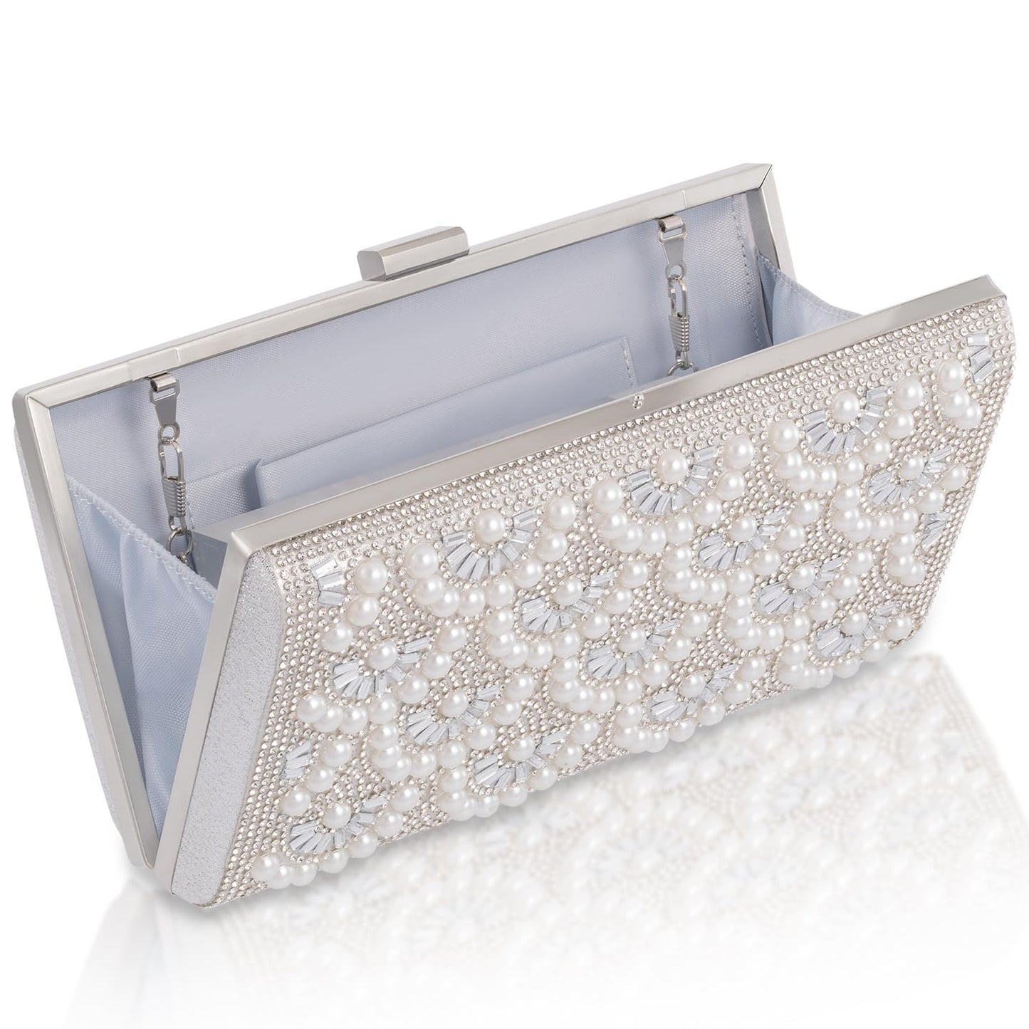 Women's Evening Clutch Handbags - Crossbody Purses Rhinestone Bag with Chains for Womens Ladies Girls Wedding Party, Sparkly Pearl Shoulder Clutches Bag Silver