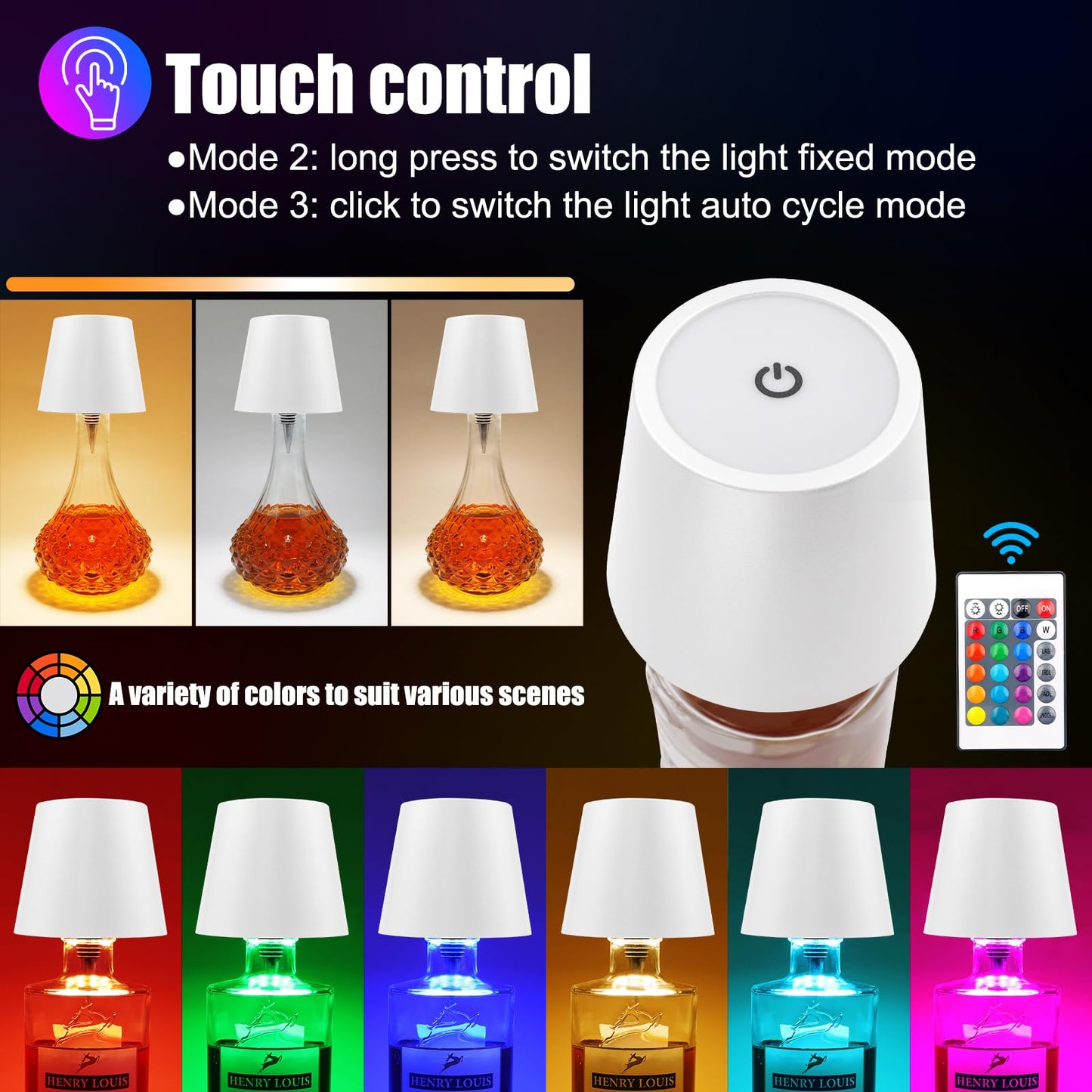 Wireless Bottle Lamp with Remote Control, Rechargeable RGB Wine Bottle with 3Modes Light Dimming, Waterproof Touch Lamp Head for Room, Bar, Restaurant and Party Decorations(RGB White)