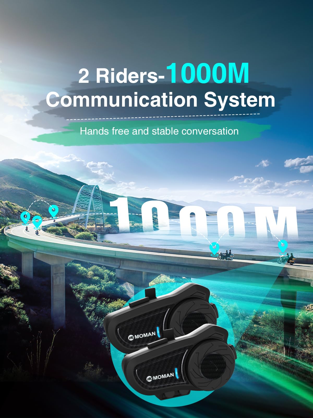 Moman Motorcycle Intercom, H2 Pro【2 Pack Carbon】 Helmet Headset Wireless Communication System to 1000M with DSP&CVC Noise Cancellation IP65 Waterproof FM, Motorcycle-Intercom-Headset-Helmet-Motobike