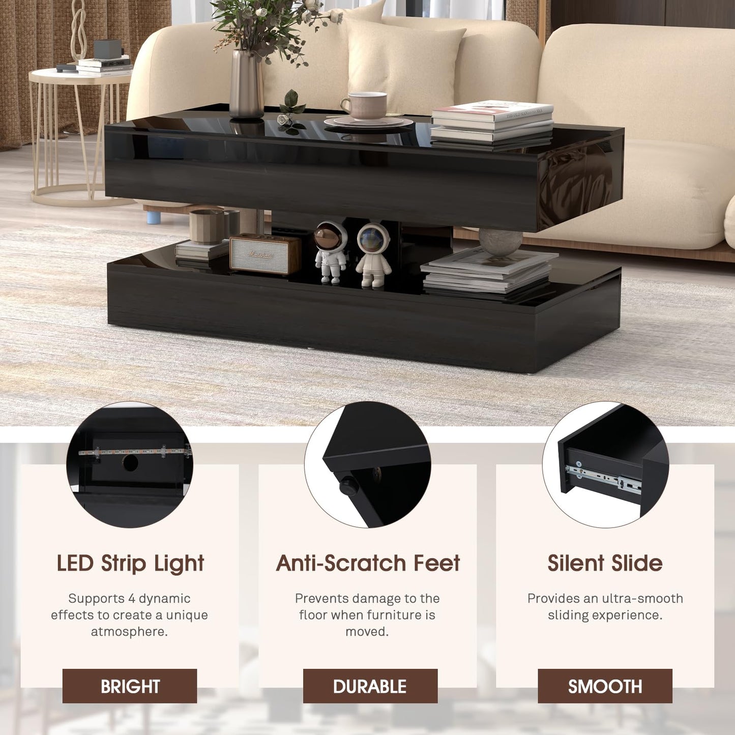 OC Orange-Casual LED Coffee Table with Storage, High Glossy Center Table with 2 Sliding Drawers, Modern Stylish Rectangle Coffee Table Double Layer with Open Display Shelf for Living Room (Black)