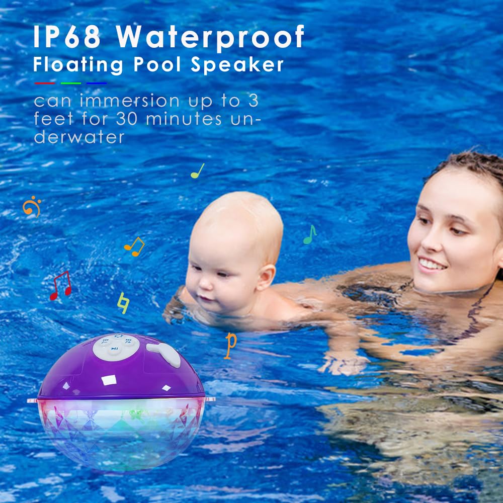 Blufree Floating Pool Speakers with Colorful Lights, Bluetooth Wireless Pool Speaker Floatable IP68 Waterproof, Built-in Mic & Crystal Clear Sound Bluetooth Hot Tub Speaker for Pool Party Outdoors