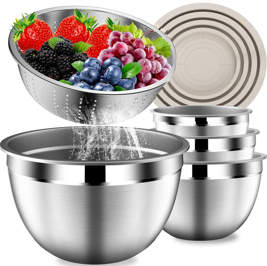 DUTZUN Stainles Steel Mixing Bowls with Lids Set, Stackable Metal Mixing Bowl with Strainer, 5-Piece - Beige