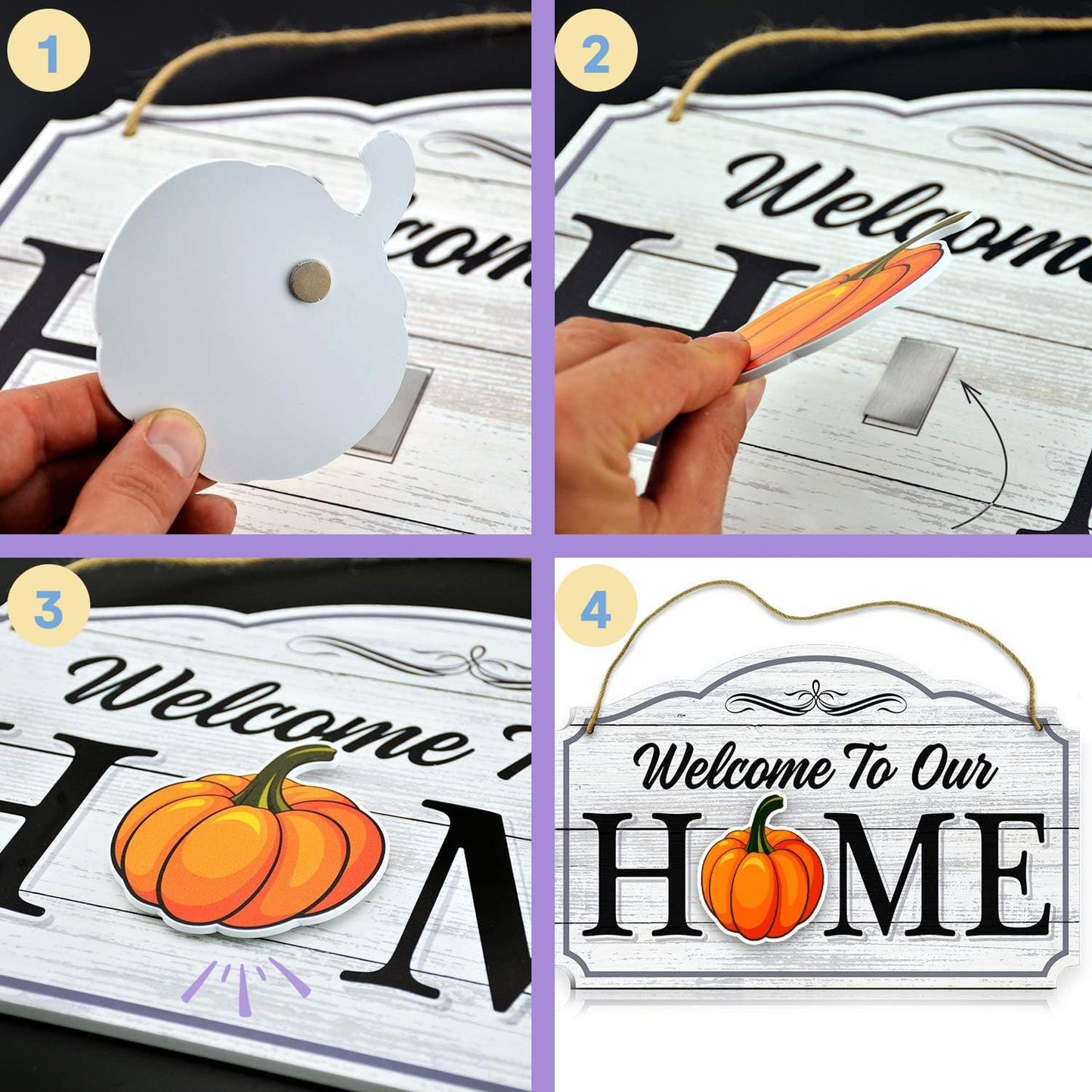 Bigtime Signs Welcome to Our Home Black Wood Grain Print Wall & Front Door Decor - Welcome Sign for Front Door with Interchangeable Home Sign Magnets Halloween, Easter, Fall, Valentines