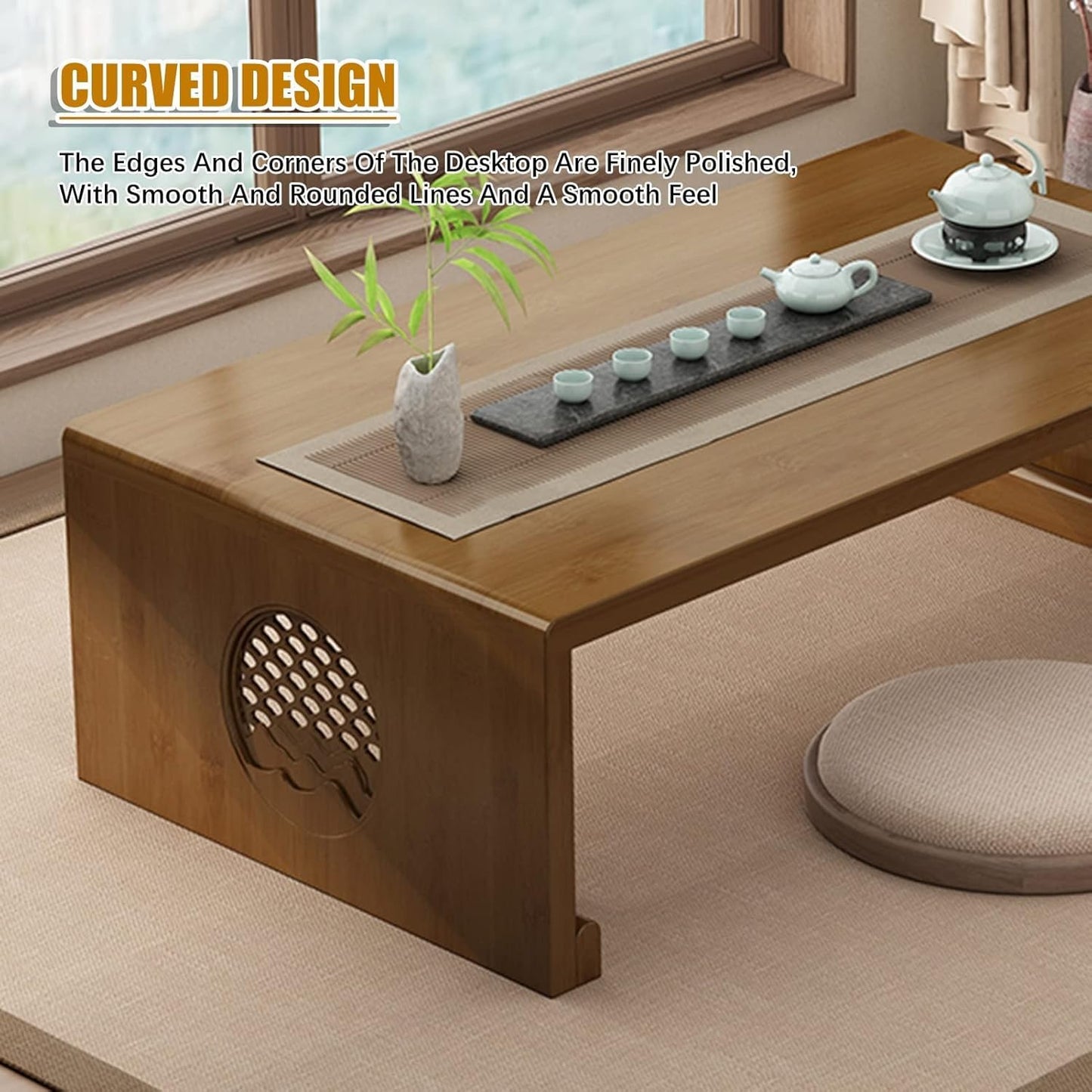 Japanese Coffee Table,Foldable Floor Table Low Natural Brown Coffee Minimalist Tatami Table,Suitable for Living Room,Dining Room (100CM)