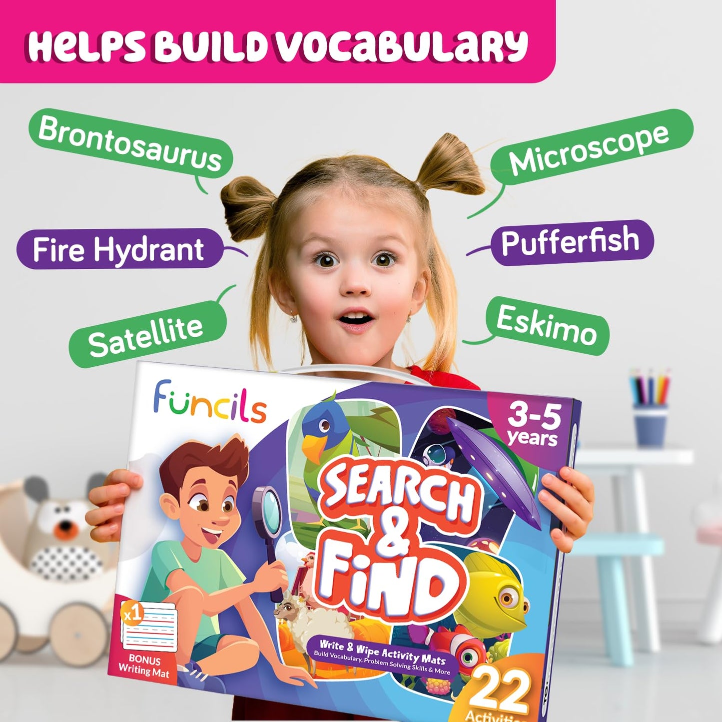 Funcils Search and Find for Kids & Toddlers - Preschool Learning Activity Book, Art and Craft Supplies, Seek Find Games, Birthday Gifts for Girls & Boys, Educational Toys for Ages 3, 4, 5, 6 Year Old