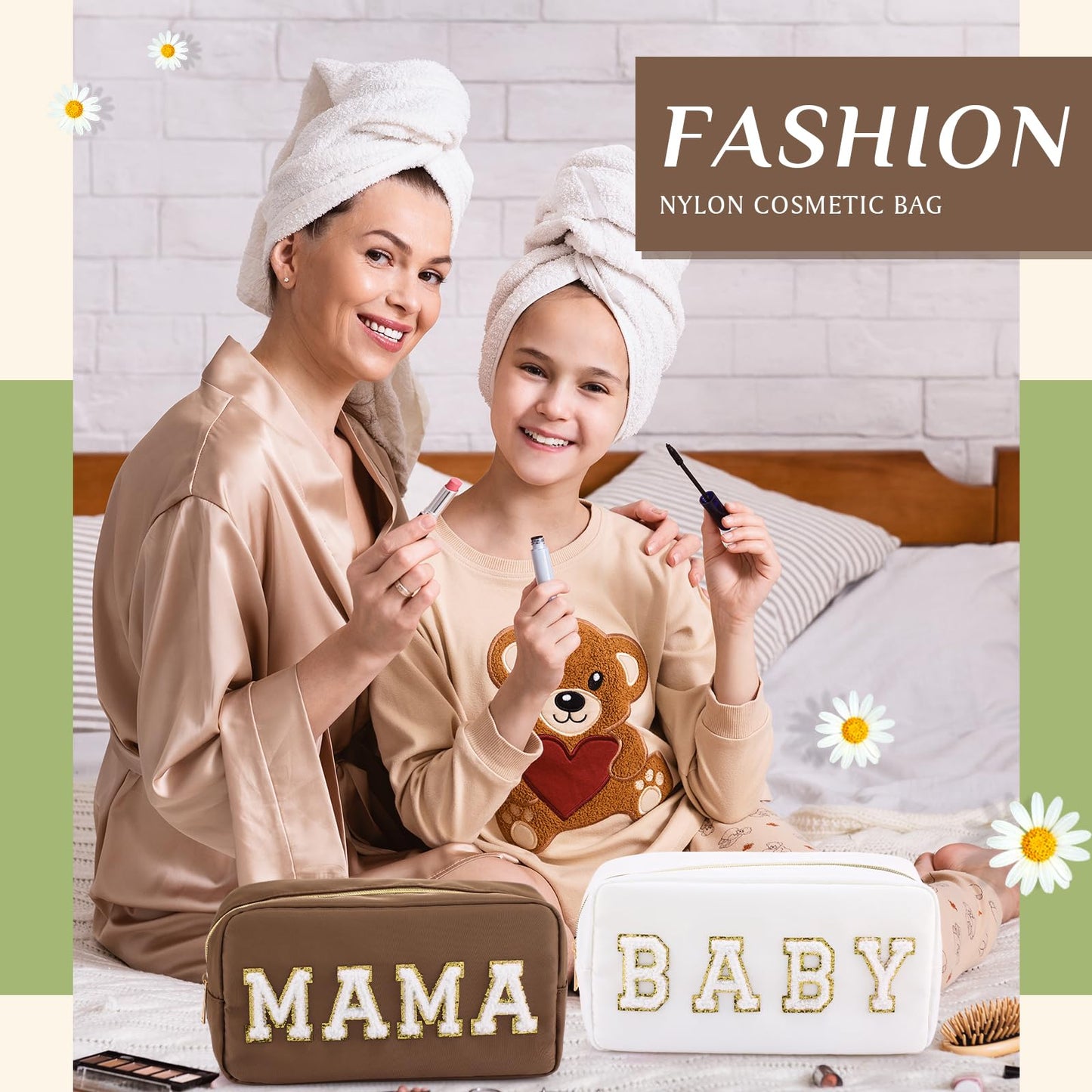 Sanwuta 2 Pieces Mama Gifts Makeup Bag Mom Birthday Gifts Nylon Cosmetic Bag Mothers Day Appreciation Toiletry Preppy Patch Chenille Letter Pouch for Women Her New Mom(Camel, White,Baby and Mama)